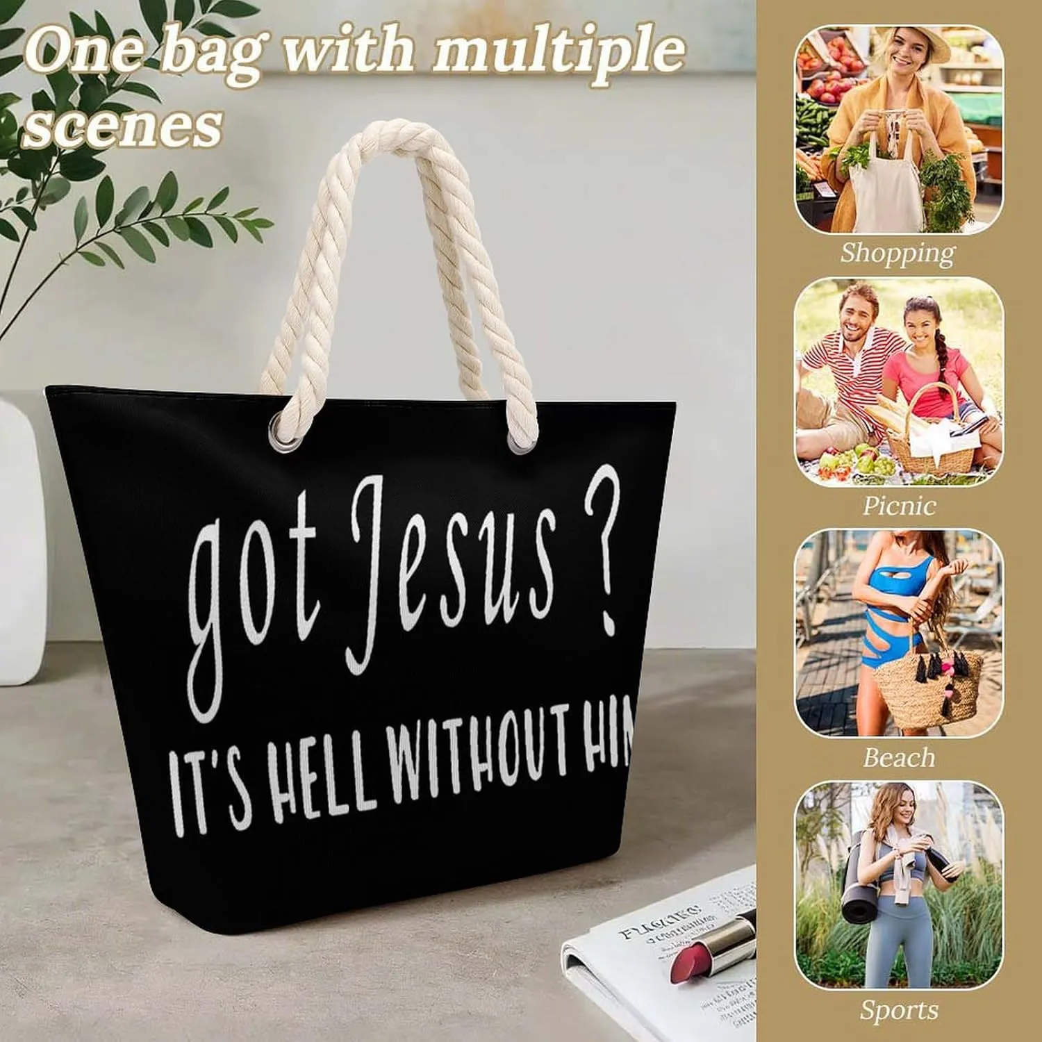 Tote Bag Large Handles Beach Bag with Zipper for Shopping Groceries Travel Outdoors Swim Pool Bag