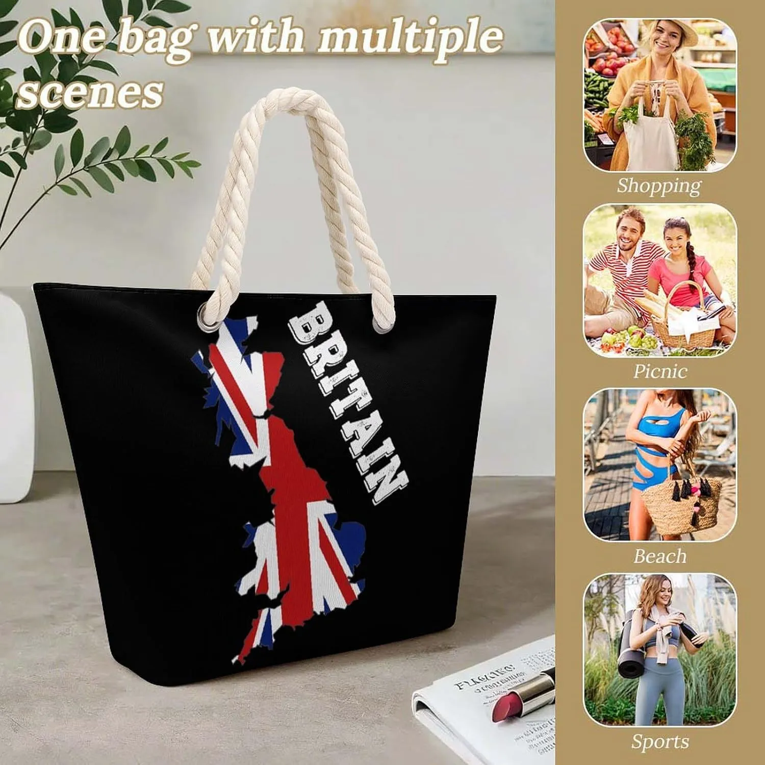 Tote Bag Large Handles Beach Bag with Zipper for Shopping Groceries Travel Outdoors Swim Pool Bag