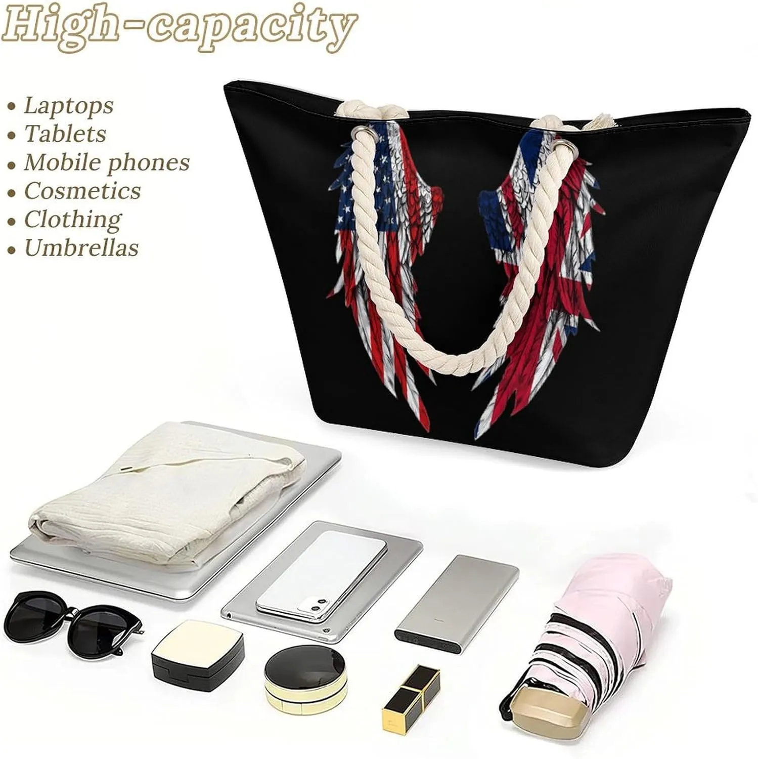 Tote Bag Large Handles Beach Bag with Zipper for Shopping Groceries Travel Outdoors Swim Pool Bag