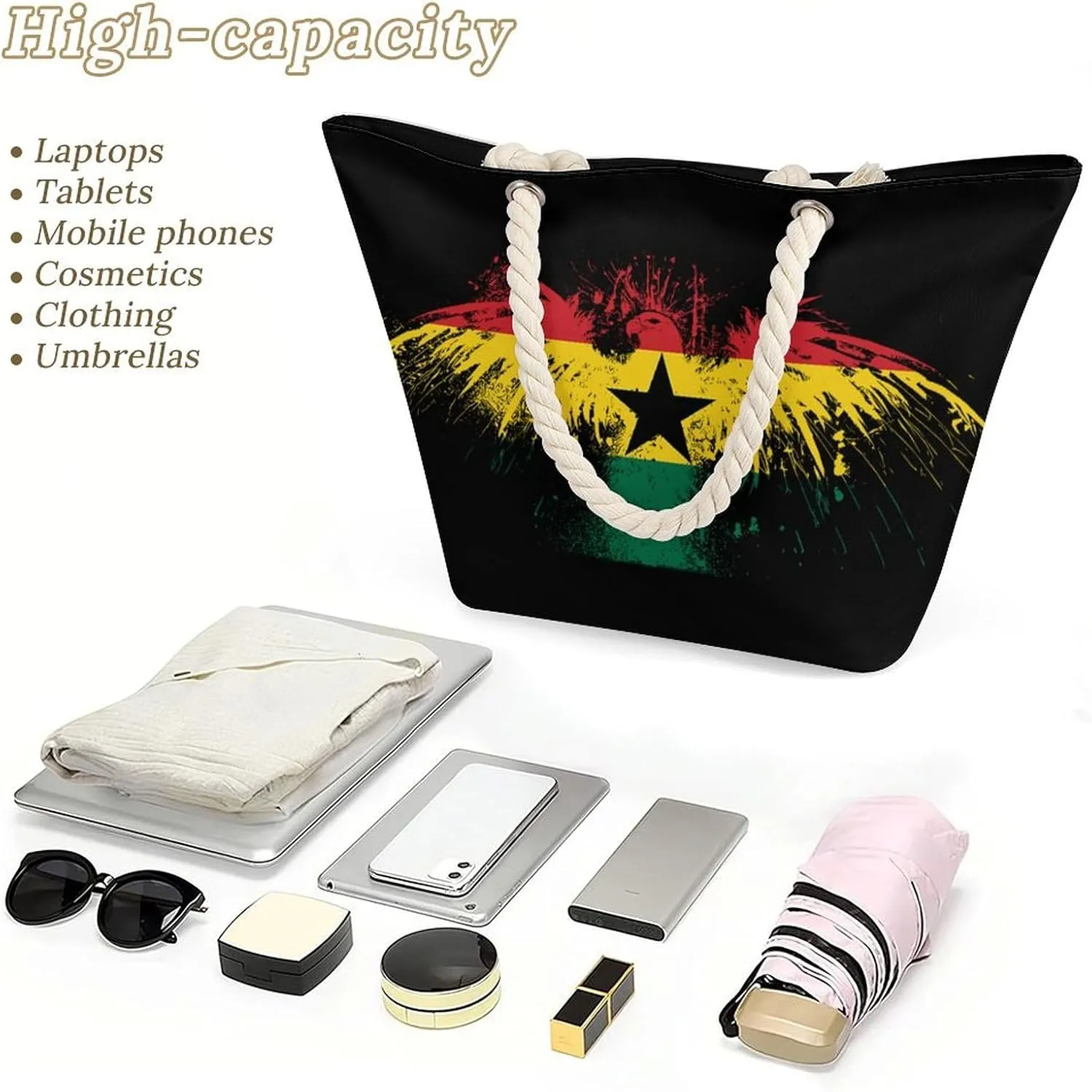 Tote Bag Large Handles Beach Bag with Zipper for Shopping Groceries Travel Outdoors Swim Pool Bag