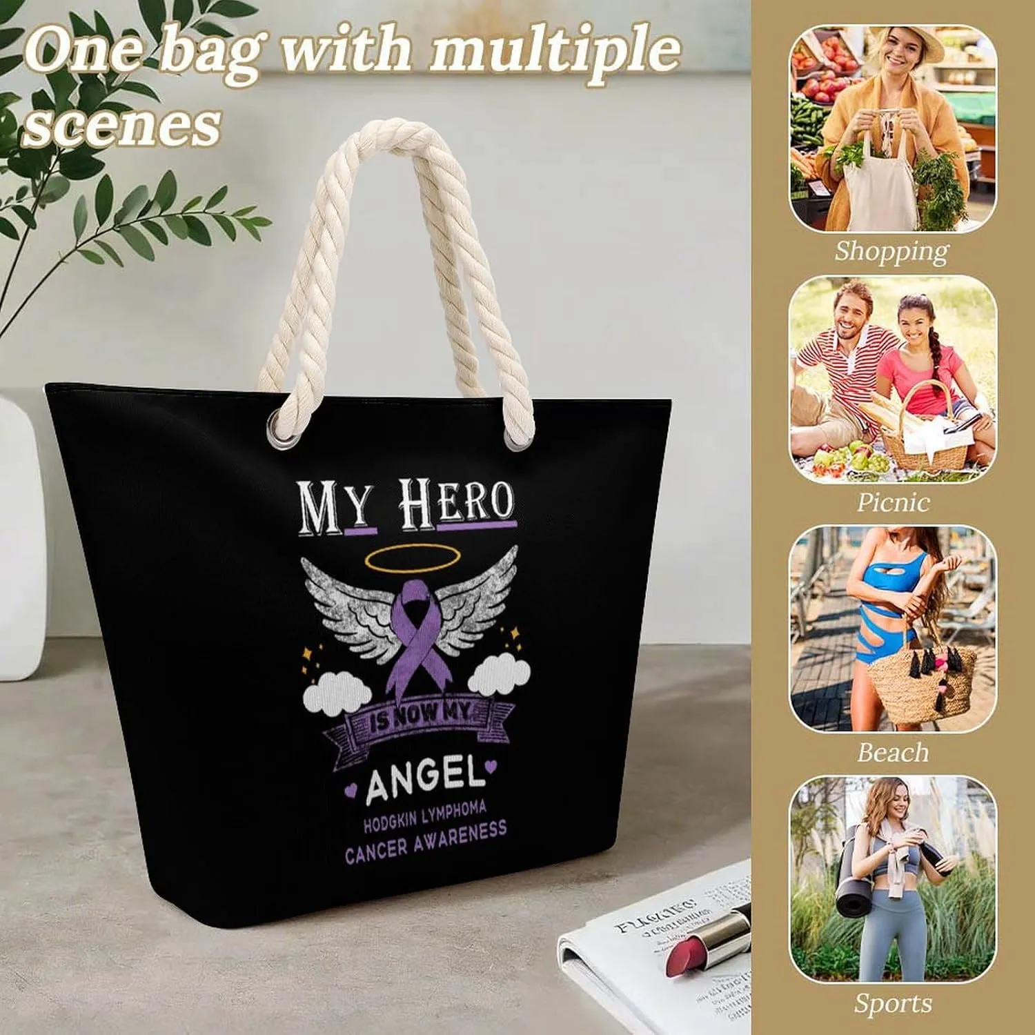 Tote Bag Large Handles Beach Bag with Zipper for Shopping Groceries Travel Outdoors Swim Pool Bag