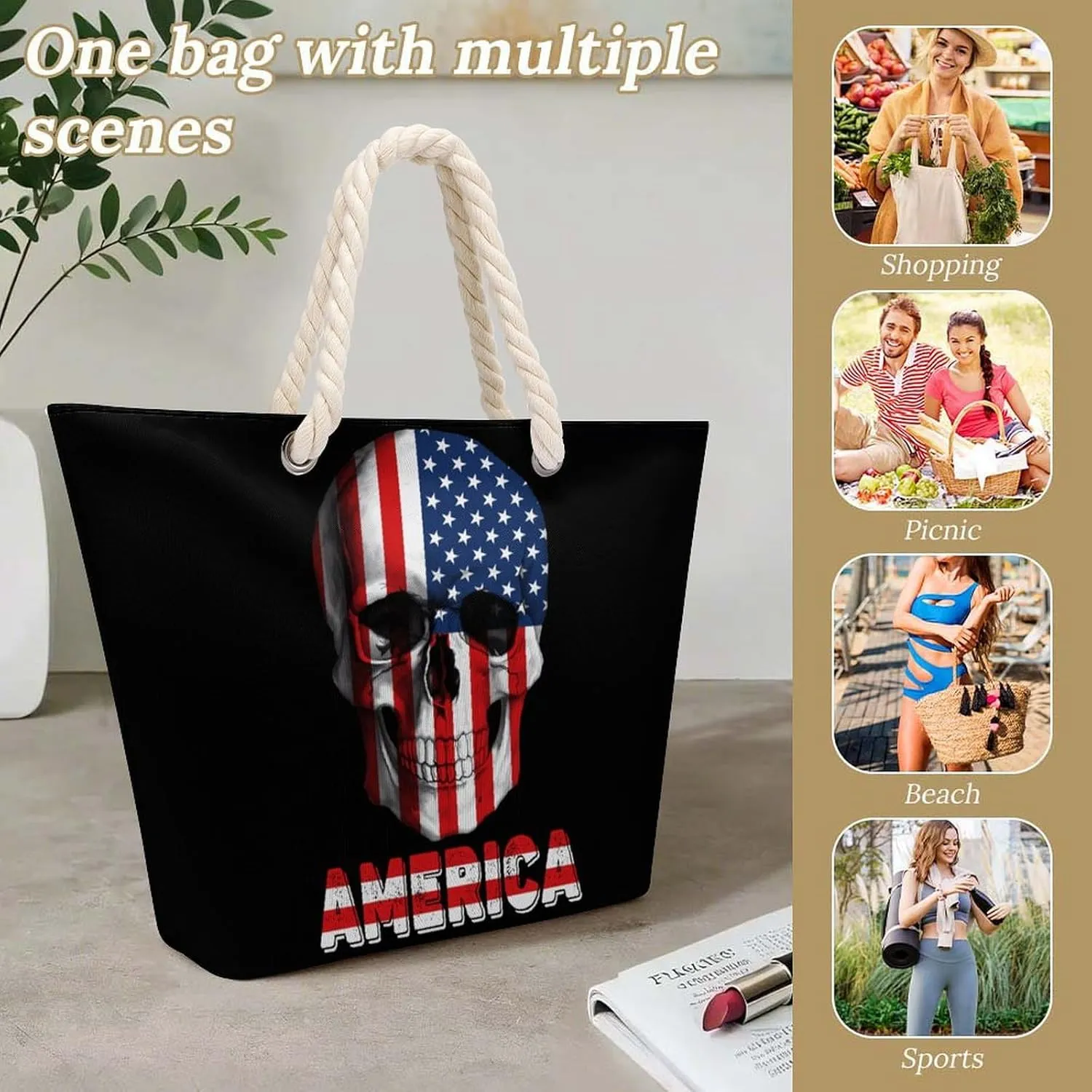 Tote Bag Large Handles Beach Bag with Zipper for Shopping Groceries Travel Outdoors Swim Pool Bag