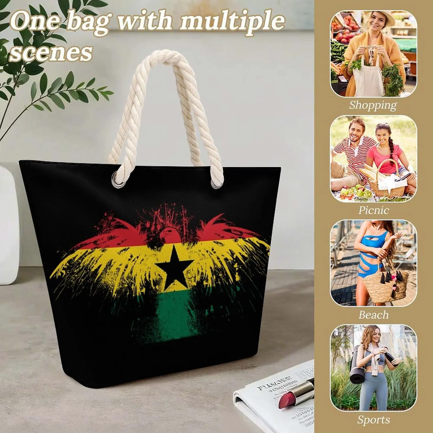Tote Bag Large Handles Beach Bag with Zipper for Shopping Groceries Travel Outdoors Swim Pool Bag