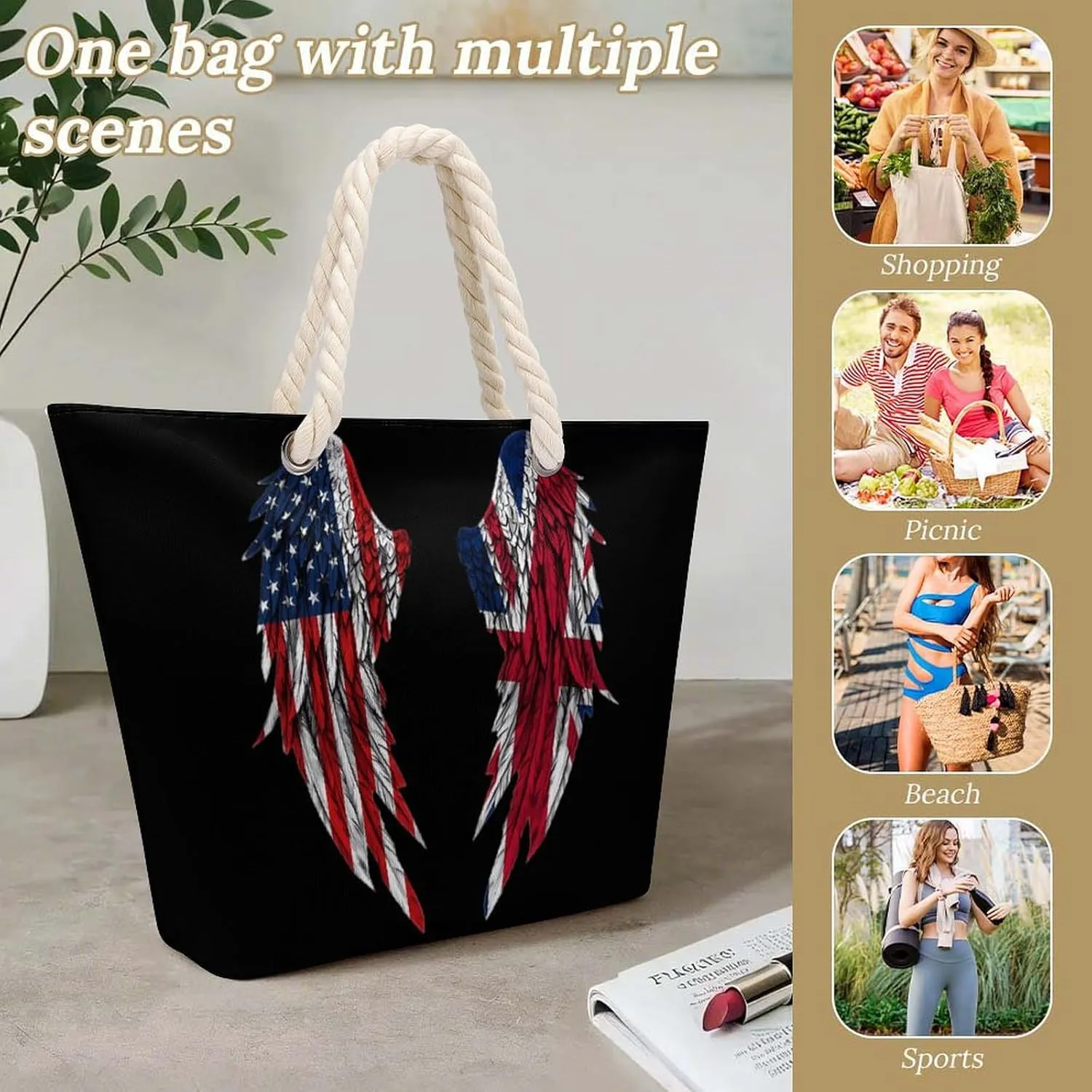 Tote Bag Large Handles Beach Bag with Zipper for Shopping Groceries Travel Outdoors Swim Pool Bag