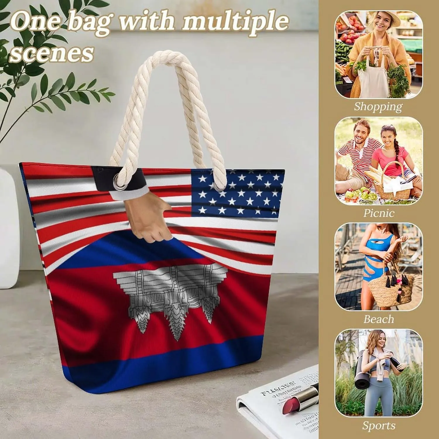 Tote Bag Large Handles Beach Bag with Zipper for Shopping Groceries Travel Outdoors Swim Pool Bag