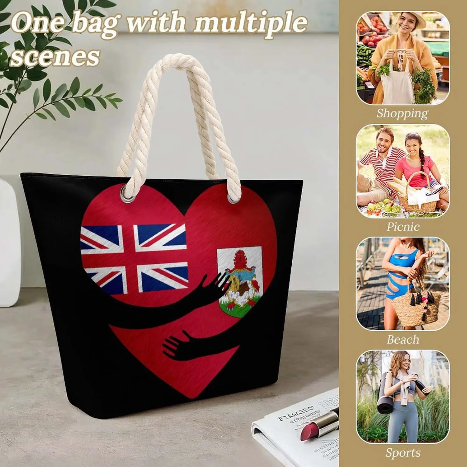 Tote Bag Large Handles Beach Bag with Zipper for Shopping Groceries Travel Outdoors Swim Pool Bag