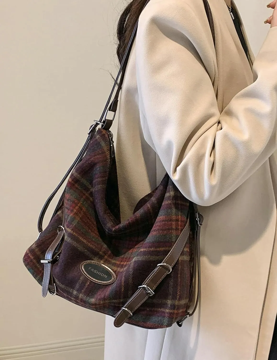 Tote Bag Women Wool Shoulder Crossbody Handbag 2024 Vintage Plaid Large Capacity Bag