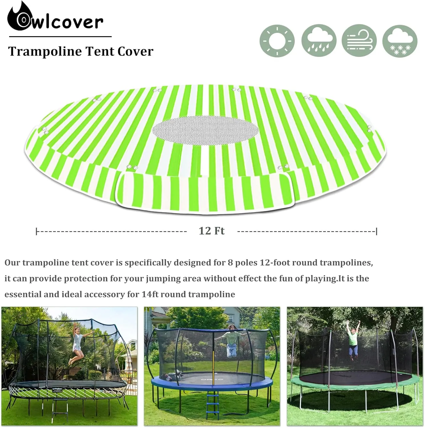Trampoline Tent Cover for 12/14 Ft Round Trampolines, Outdoor Anti-UV Shade Cover,with Detachable Shoe Bag,Top Replacement Covers Only