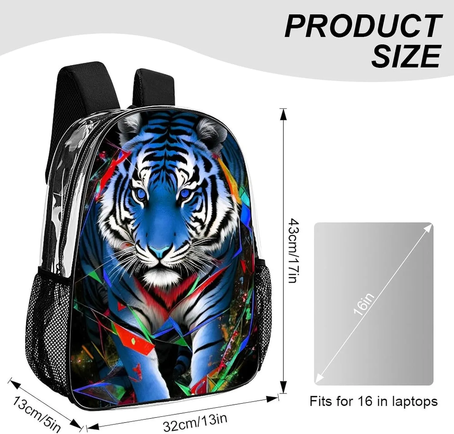 Transparent Daypack for Camping Travel Walking Cycling - Big Capacity Anti-Theft Multipurpose Bookbag, Trippy Tiger Animal Art Camping Outdoor Backpack