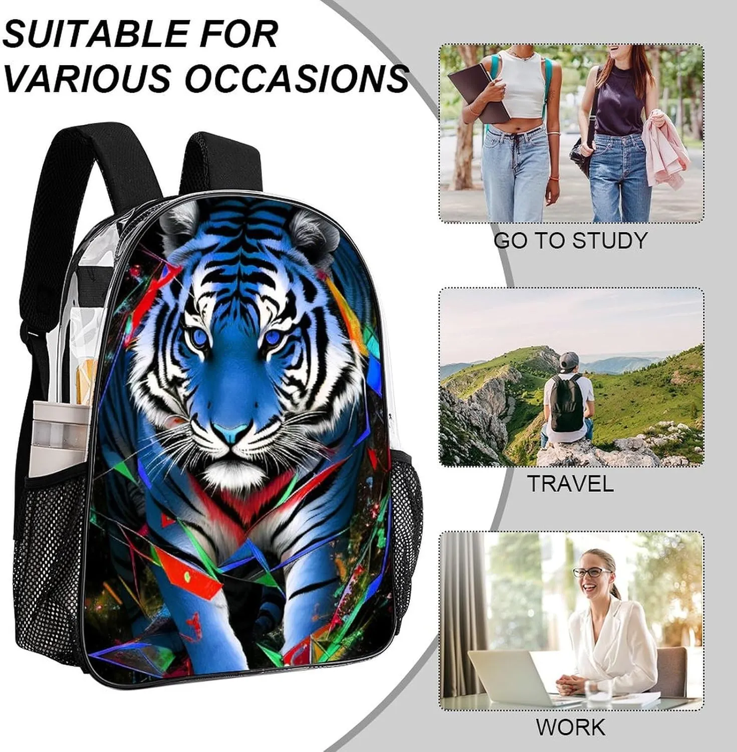 Transparent Daypack for Camping Travel Walking Cycling - Big Capacity Anti-Theft Multipurpose Bookbag, Trippy Tiger Animal Art Camping Outdoor Backpack