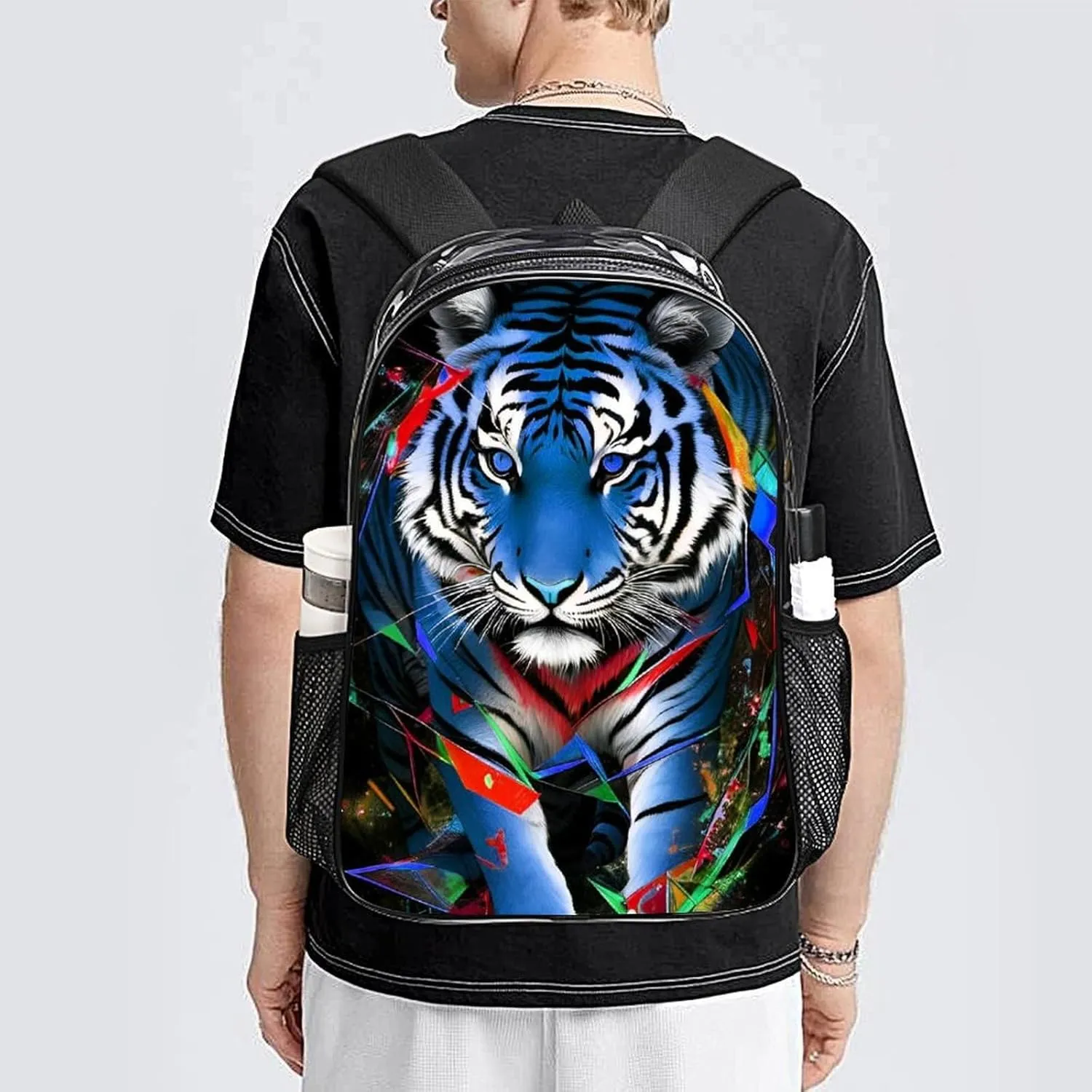 Transparent Daypack for Camping Travel Walking Cycling - Big Capacity Anti-Theft Multipurpose Bookbag, Trippy Tiger Animal Art Camping Outdoor Backpack