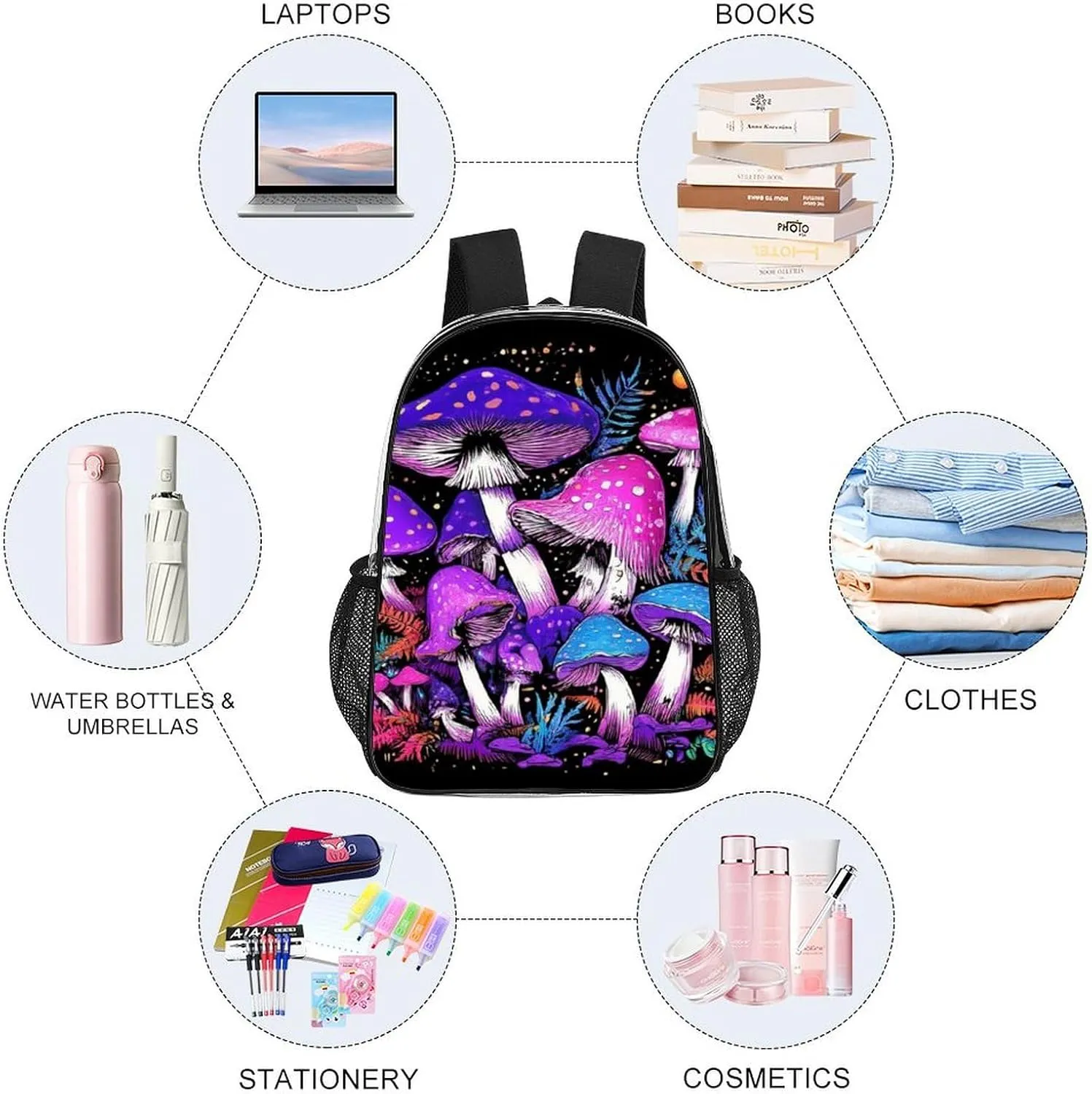 Transparent Daypack for Hiking Work Running - Big Capacity Anti-Theft Multipurpose Shoulder Bag, Trippy Magic Mushrooms Purple Art Travel and Sport Backpack Rucksack