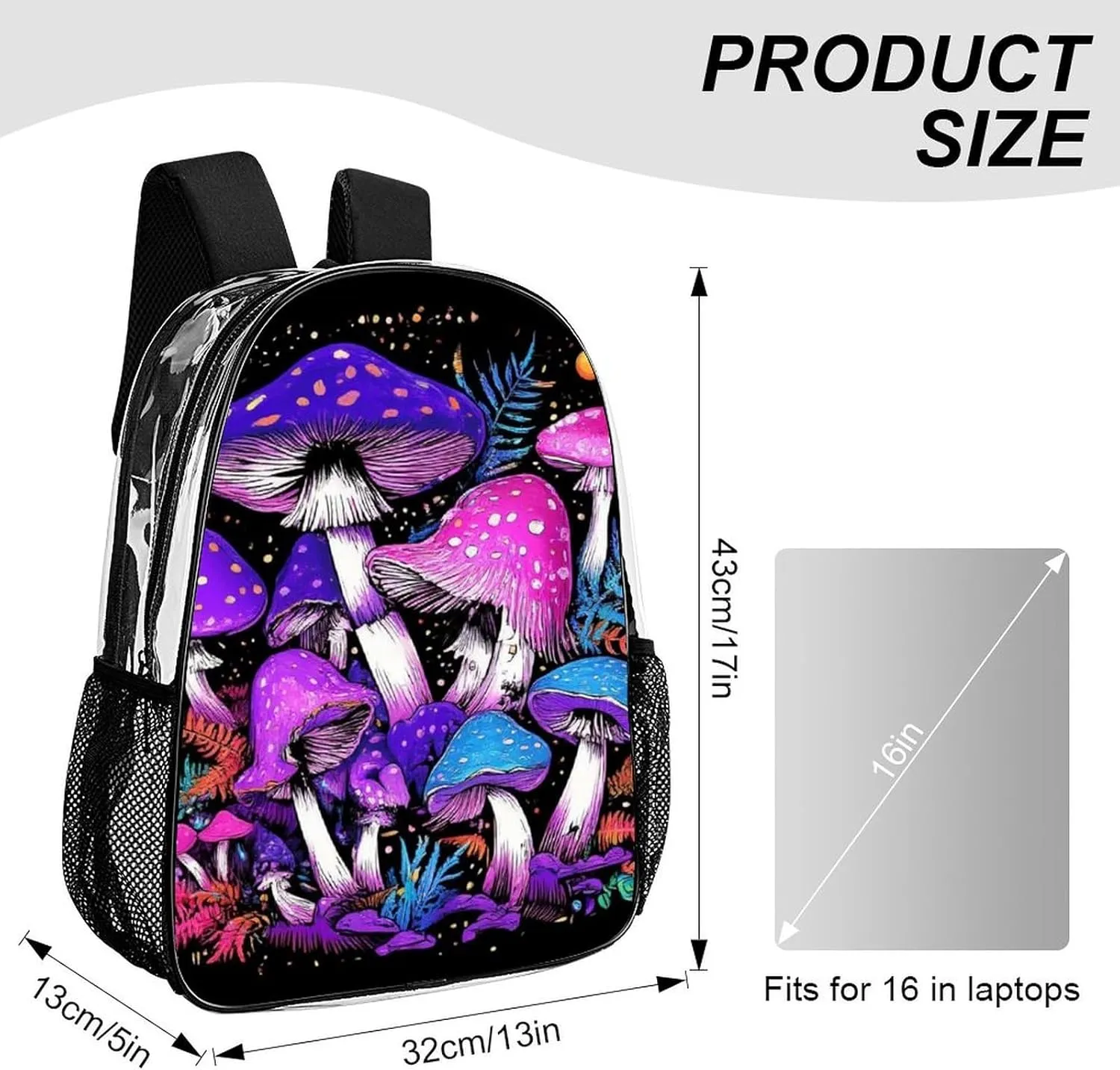 Transparent Daypack for Hiking Work Running - Big Capacity Anti-Theft Multipurpose Shoulder Bag, Trippy Magic Mushrooms Purple Art Travel and Sport Backpack Rucksack