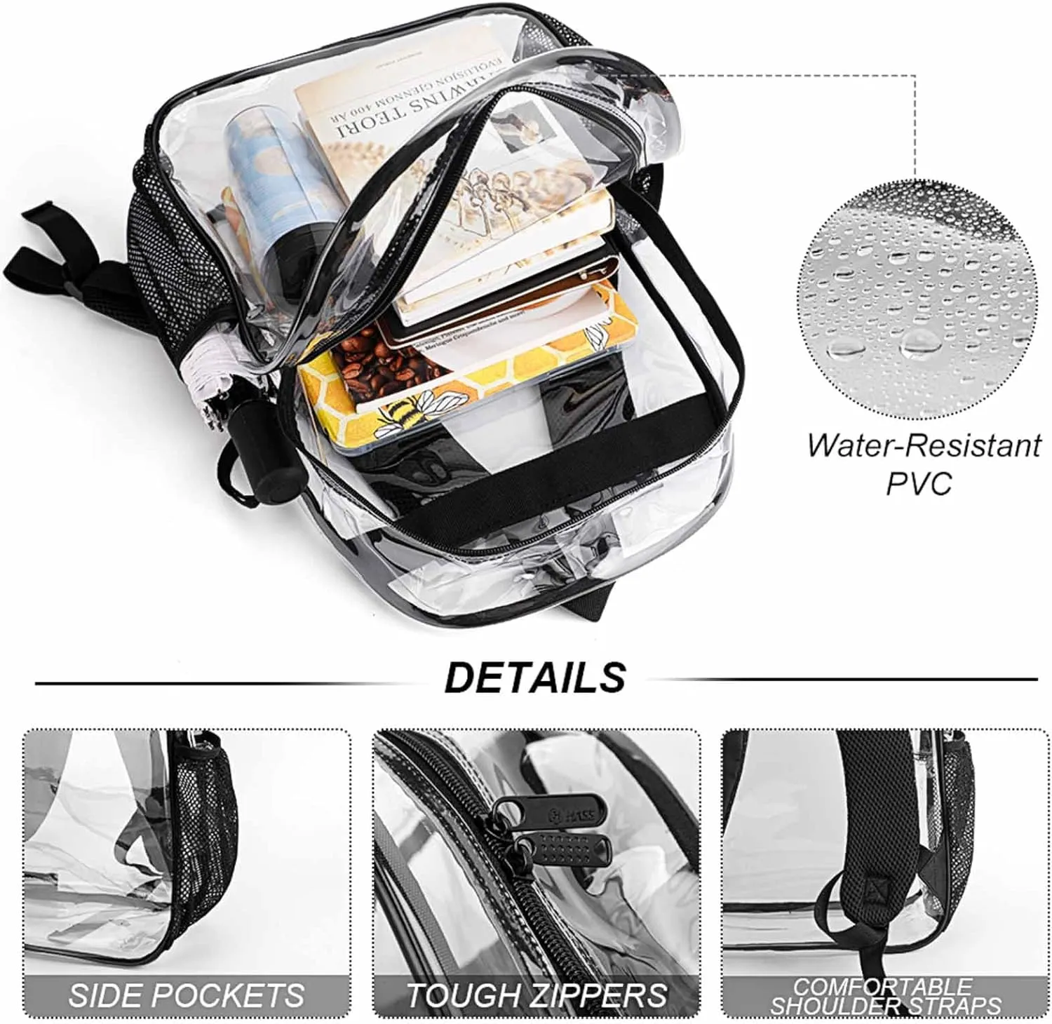 Transparent Daypack for Hiking Work Running - Big Capacity Anti-Theft Multipurpose Shoulder Bag, Trippy Magic Mushrooms Purple Art Travel and Sport Backpack Rucksack