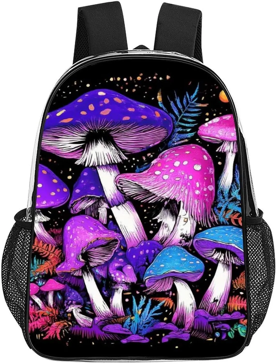 Transparent Daypack for Hiking Work Running - Big Capacity Anti-Theft Multipurpose Shoulder Bag, Trippy Magic Mushrooms Purple Art Travel and Sport Backpack Rucksack