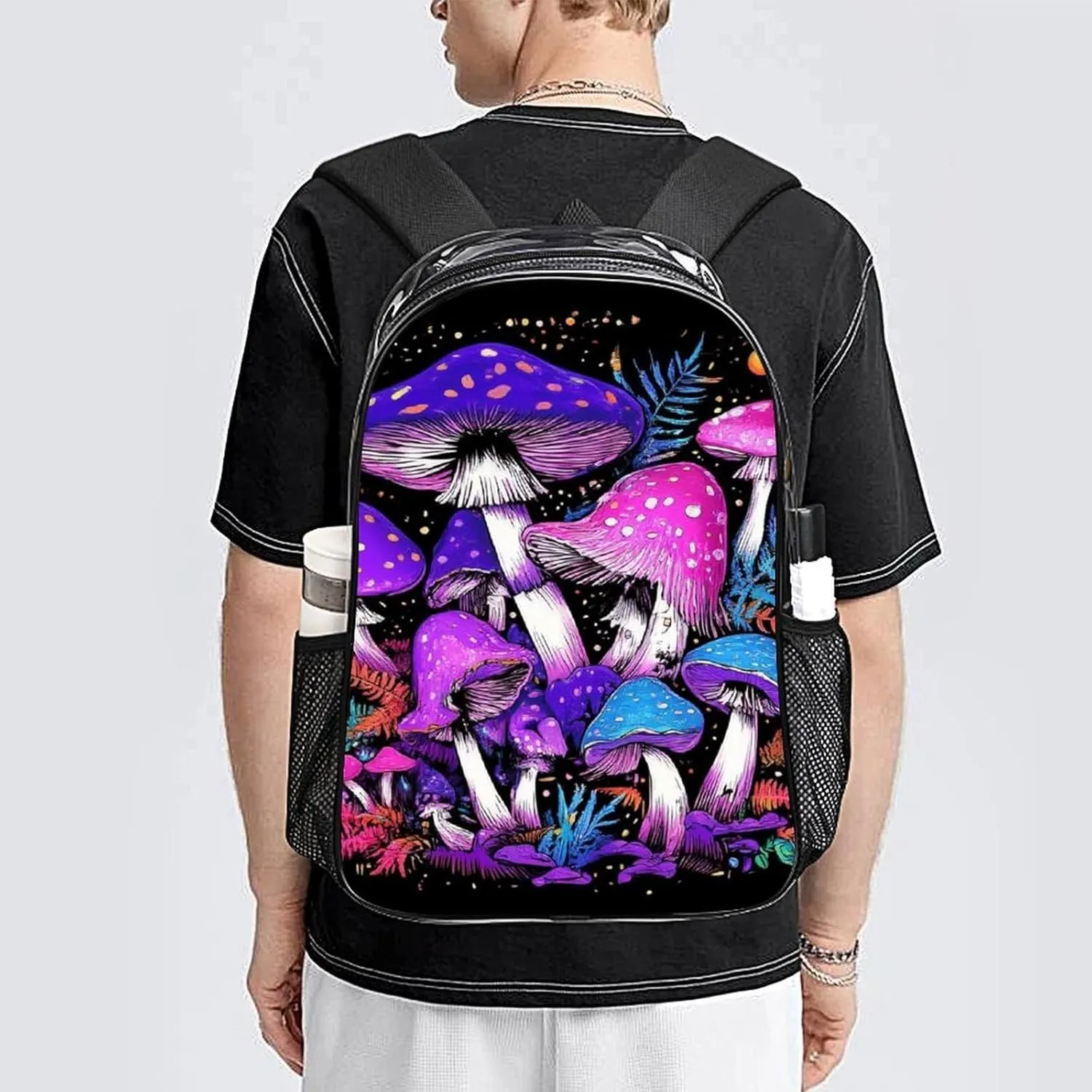 Transparent Daypack for Hiking Work Running - Big Capacity Anti-Theft Multipurpose Shoulder Bag, Trippy Magic Mushrooms Purple Art Travel and Sport Backpack Rucksack