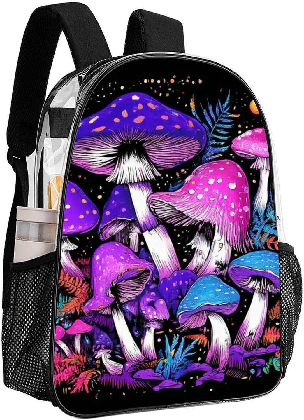 Transparent Daypack for Hiking Work Running - Big Capacity Anti-Theft Multipurpose Shoulder Bag, Trippy Magic Mushrooms Purple Art Travel and Sport Backpack Rucksack