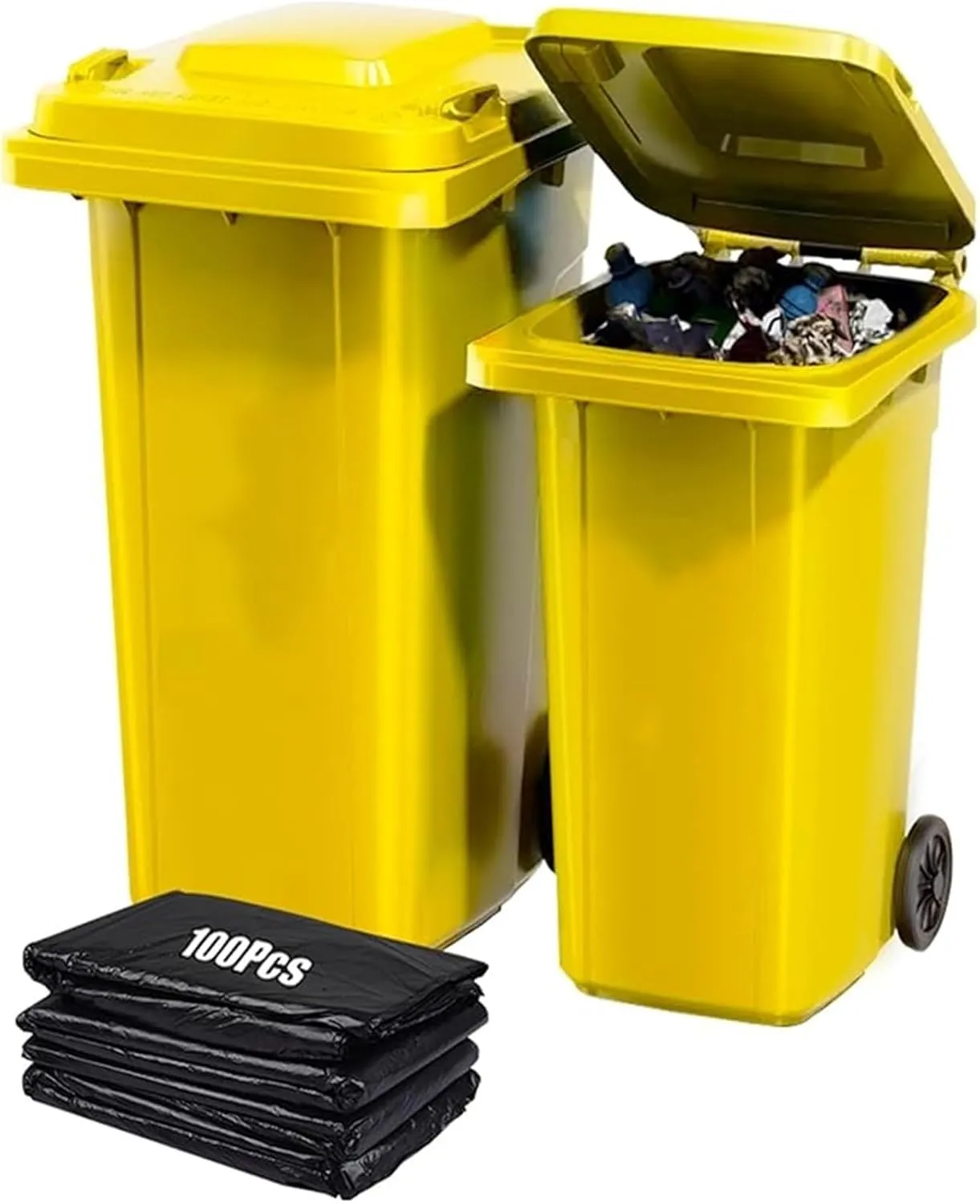 Trash Cans Outdoor Garbage Can 18/22/27/53 Gallon Large Kitchen Trash Can Terrace Patio Garbage Can Outdoor Wheeled Trash Container with Lid ＆ 100-Pcs Storage Bag For Outdoor Backyard(Yellow,53Gallon)