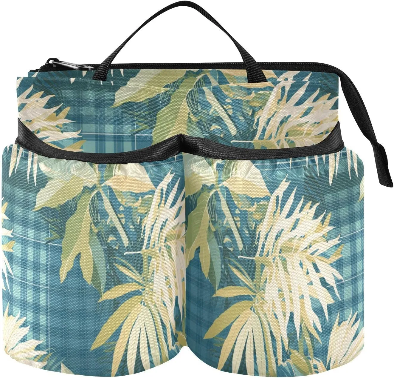 Travel Drink Cup Holder Portable Tropical Style Blue Plaid Green Leaves Dink Cup Holder Travel Accessories Gift Travelers Flight Attendants