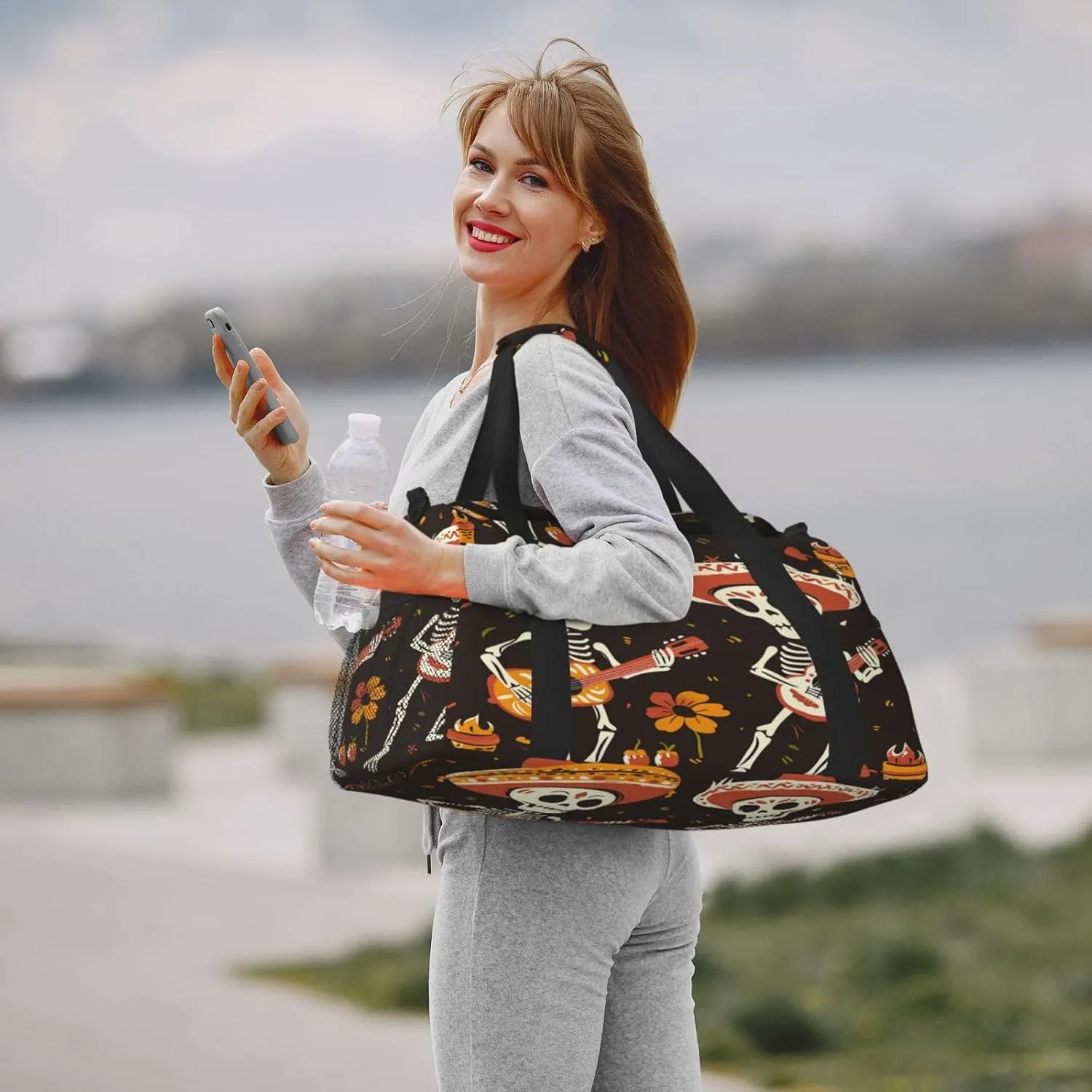 Travel Duffel Bag For Men Women, Day Of The Dead Sugar Skull Play Guitar Carry On Sport Gym Bag With Shoulder Strap Lightweight Waterproof Weekender Bag Overnight Bag