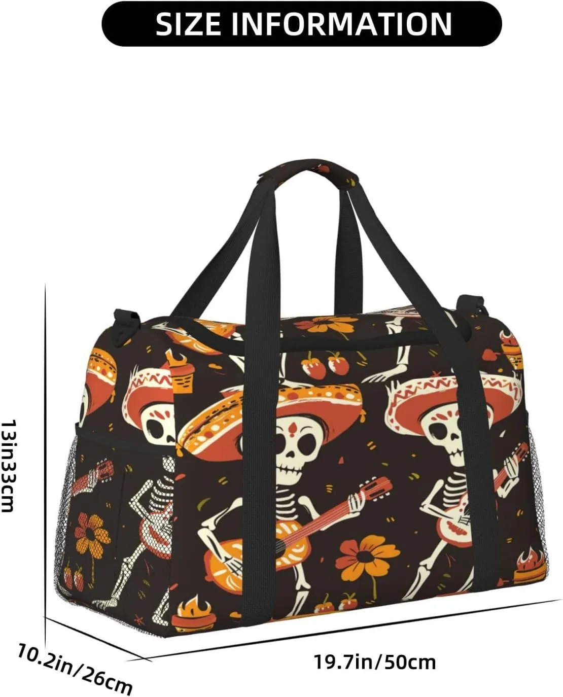 Travel Duffel Bag For Men Women, Day Of The Dead Sugar Skull Play Guitar Carry On Sport Gym Bag With Shoulder Strap Lightweight Waterproof Weekender Bag Overnight Bag