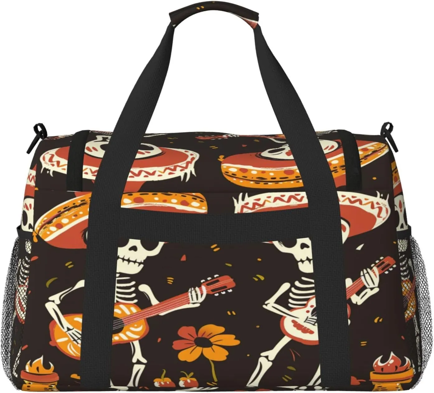 Travel Duffel Bag For Men Women, Day Of The Dead Sugar Skull Play Guitar Carry On Sport Gym Bag With Shoulder Strap Lightweight Waterproof Weekender Bag Overnight Bag