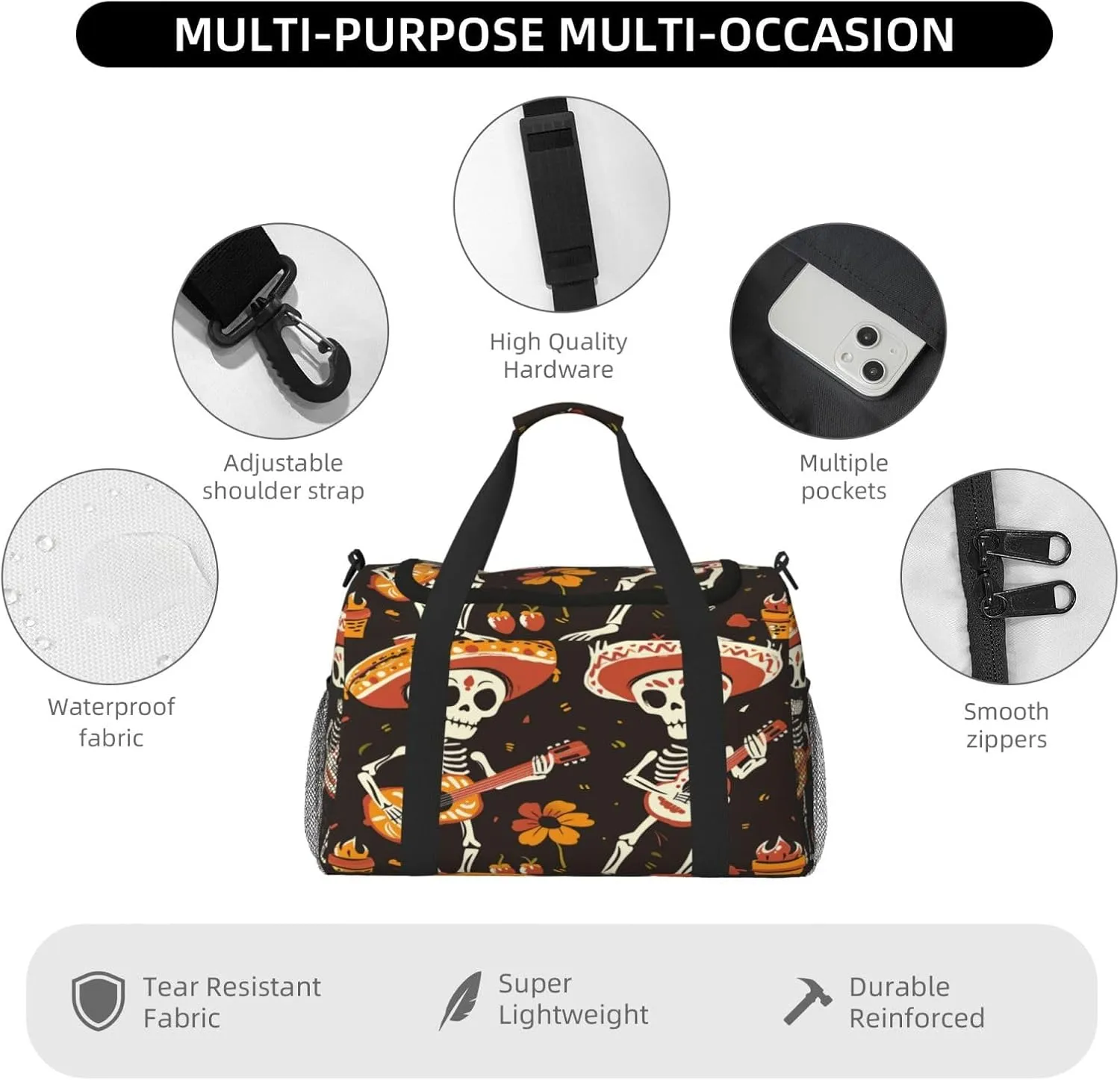 Travel Duffel Bag For Men Women, Day Of The Dead Sugar Skull Play Guitar Carry On Sport Gym Bag With Shoulder Strap Lightweight Waterproof Weekender Bag Overnight Bag