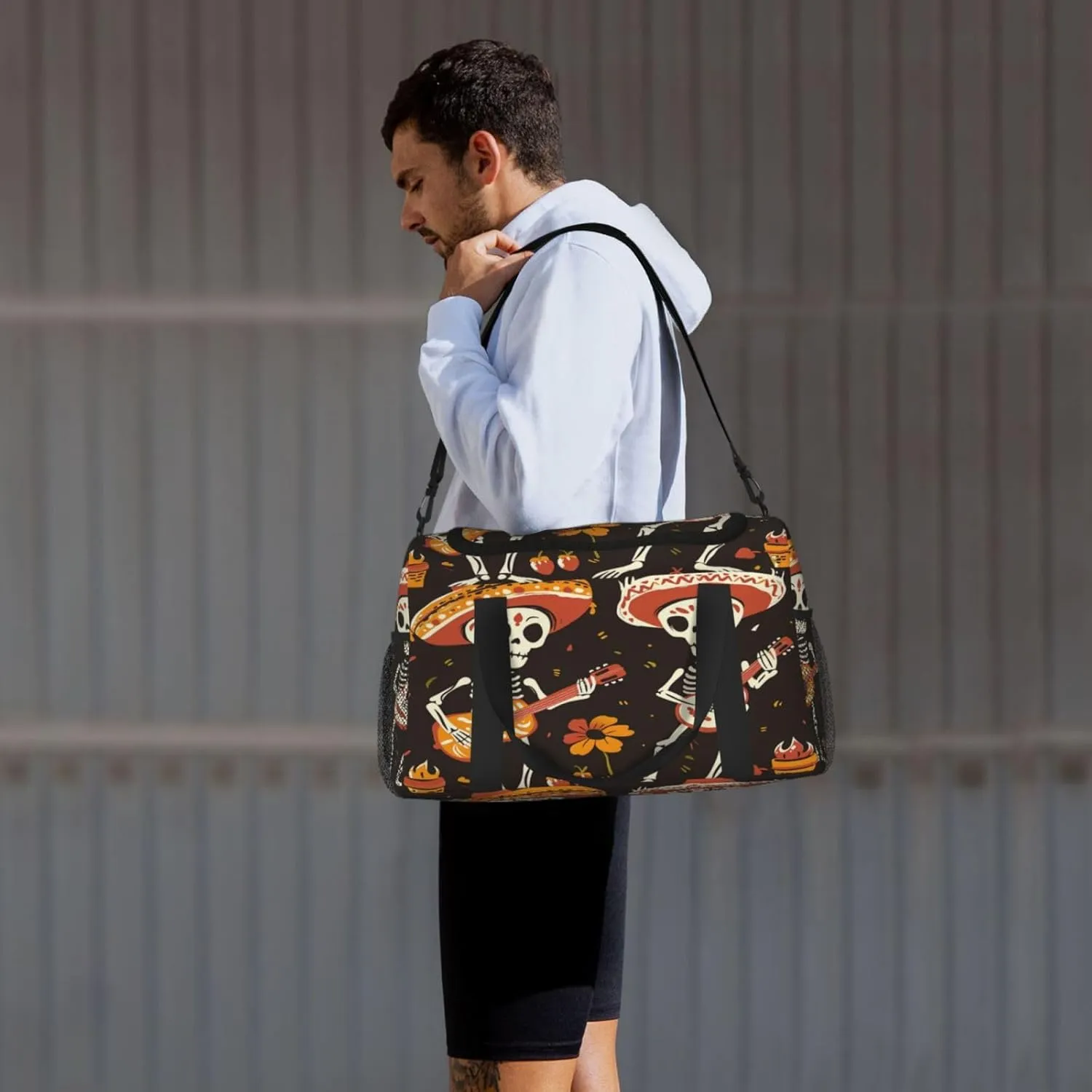 Travel Duffel Bag For Men Women, Day Of The Dead Sugar Skull Play Guitar Carry On Sport Gym Bag With Shoulder Strap Lightweight Waterproof Weekender Bag Overnight Bag