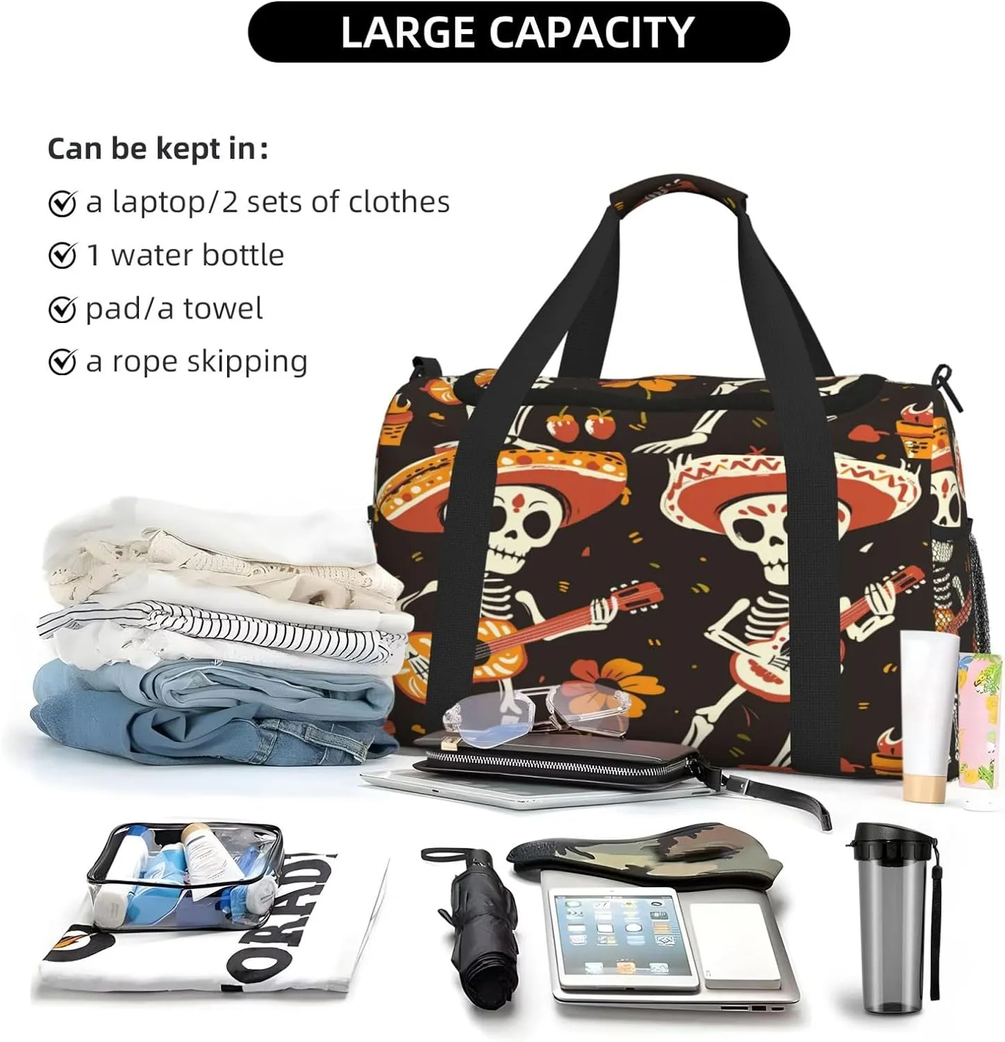 Travel Duffel Bag For Men Women, Day Of The Dead Sugar Skull Play Guitar Carry On Sport Gym Bag With Shoulder Strap Lightweight Waterproof Weekender Bag Overnight Bag