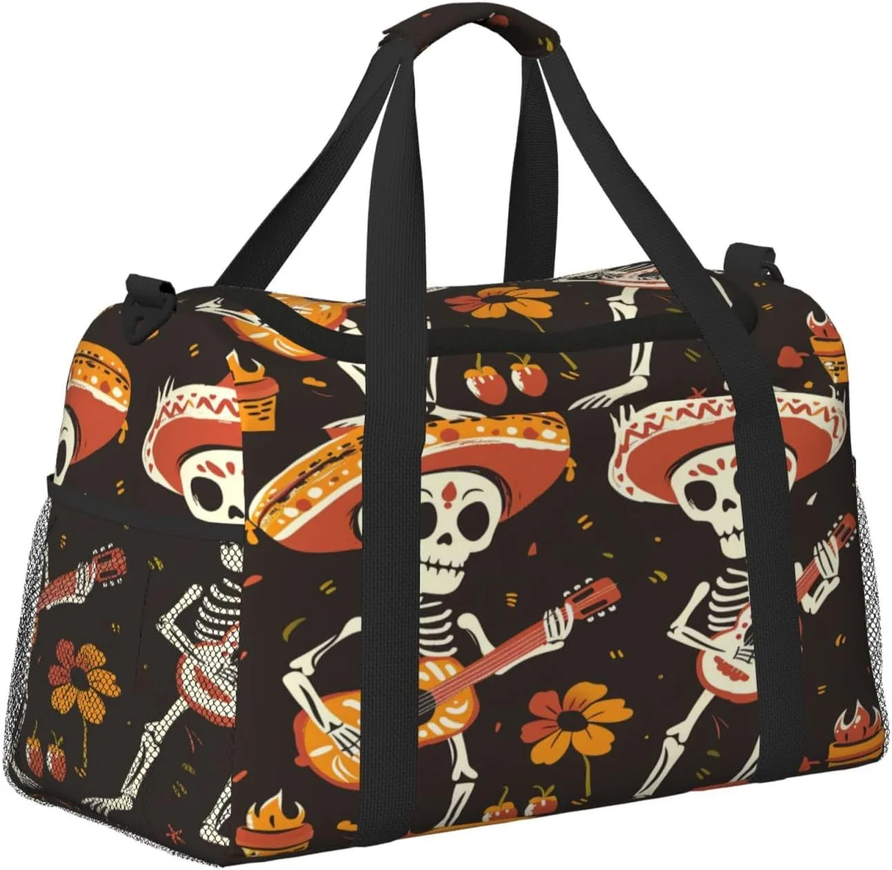 Travel Duffel Bag For Men Women, Day Of The Dead Sugar Skull Play Guitar Carry On Sport Gym Bag With Shoulder Strap Lightweight Waterproof Weekender Bag Overnight Bag