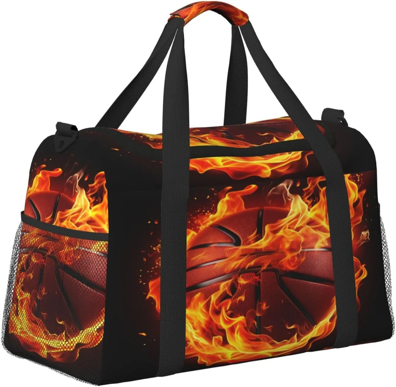 Travel Duffel Bag For Men Women, Fire Basketball Art Painting Carry On Sport Gym Bag With Shoulder Strap Lightweight Waterproof Weekender Bag Overnight Bag