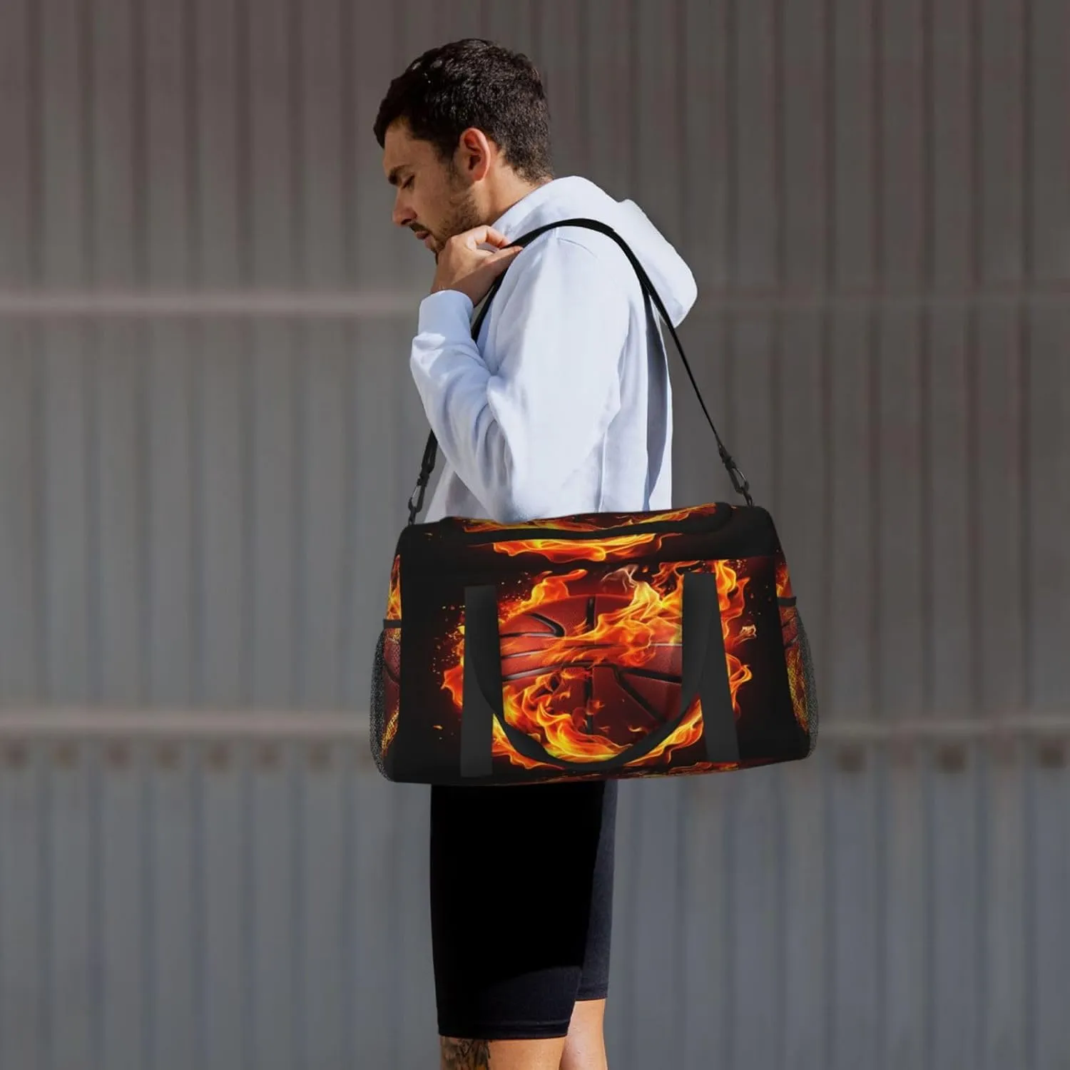 Travel Duffel Bag For Men Women, Fire Basketball Art Painting Carry On Sport Gym Bag With Shoulder Strap Lightweight Waterproof Weekender Bag Overnight Bag
