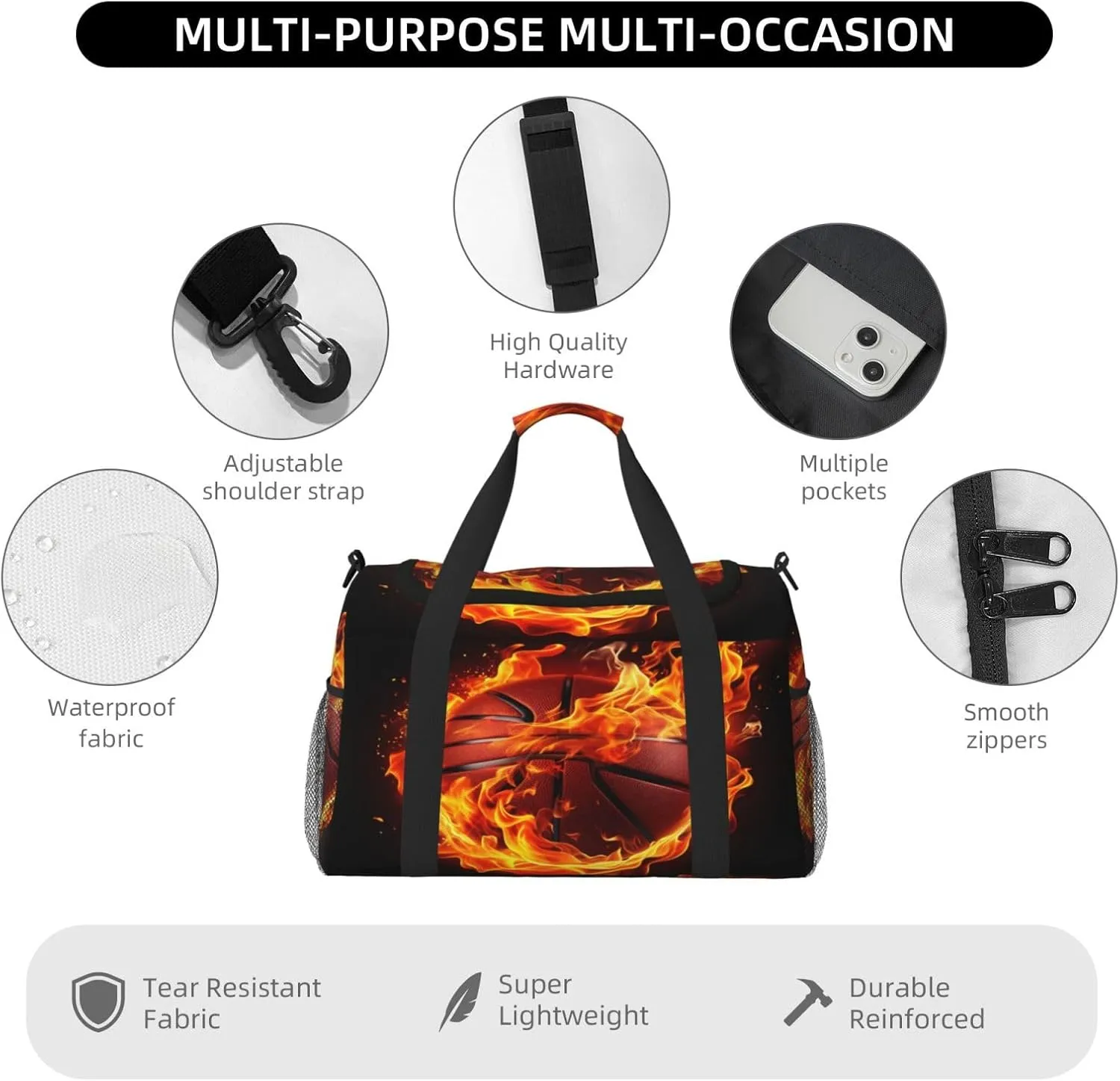 Travel Duffel Bag For Men Women, Fire Basketball Art Painting Carry On Sport Gym Bag With Shoulder Strap Lightweight Waterproof Weekender Bag Overnight Bag