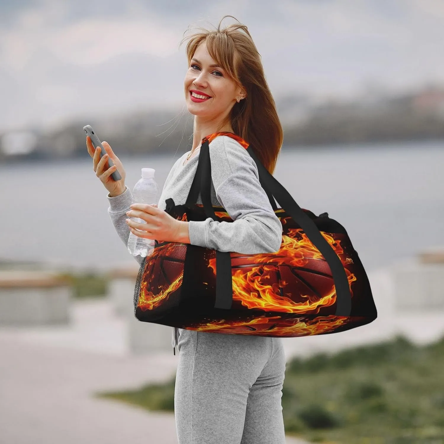 Travel Duffel Bag For Men Women, Fire Basketball Art Painting Carry On Sport Gym Bag With Shoulder Strap Lightweight Waterproof Weekender Bag Overnight Bag