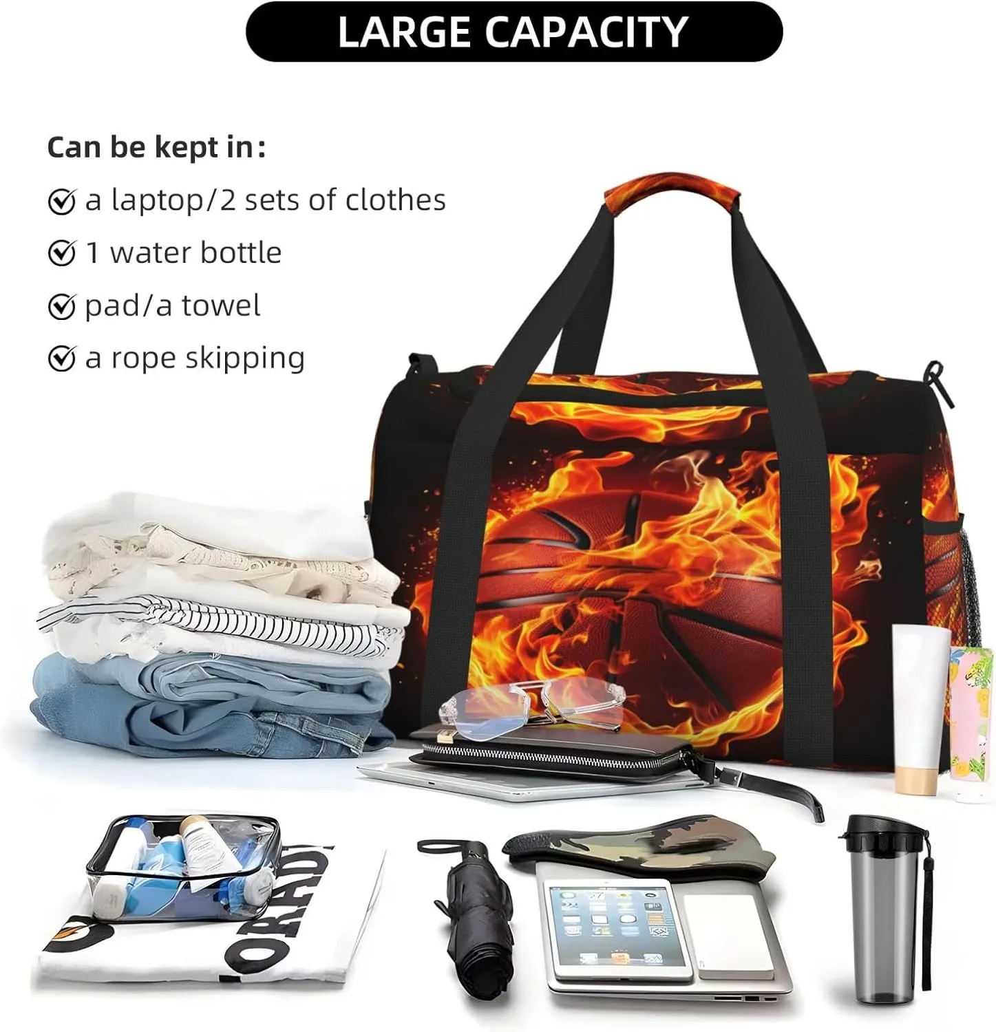 Travel Duffel Bag For Men Women, Fire Basketball Art Painting Carry On Sport Gym Bag With Shoulder Strap Lightweight Waterproof Weekender Bag Overnight Bag