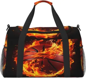 Travel Duffel Bag For Men Women, Fire Basketball Art Painting Carry On Sport Gym Bag With Shoulder Strap Lightweight Waterproof Weekender Bag Overnight Bag