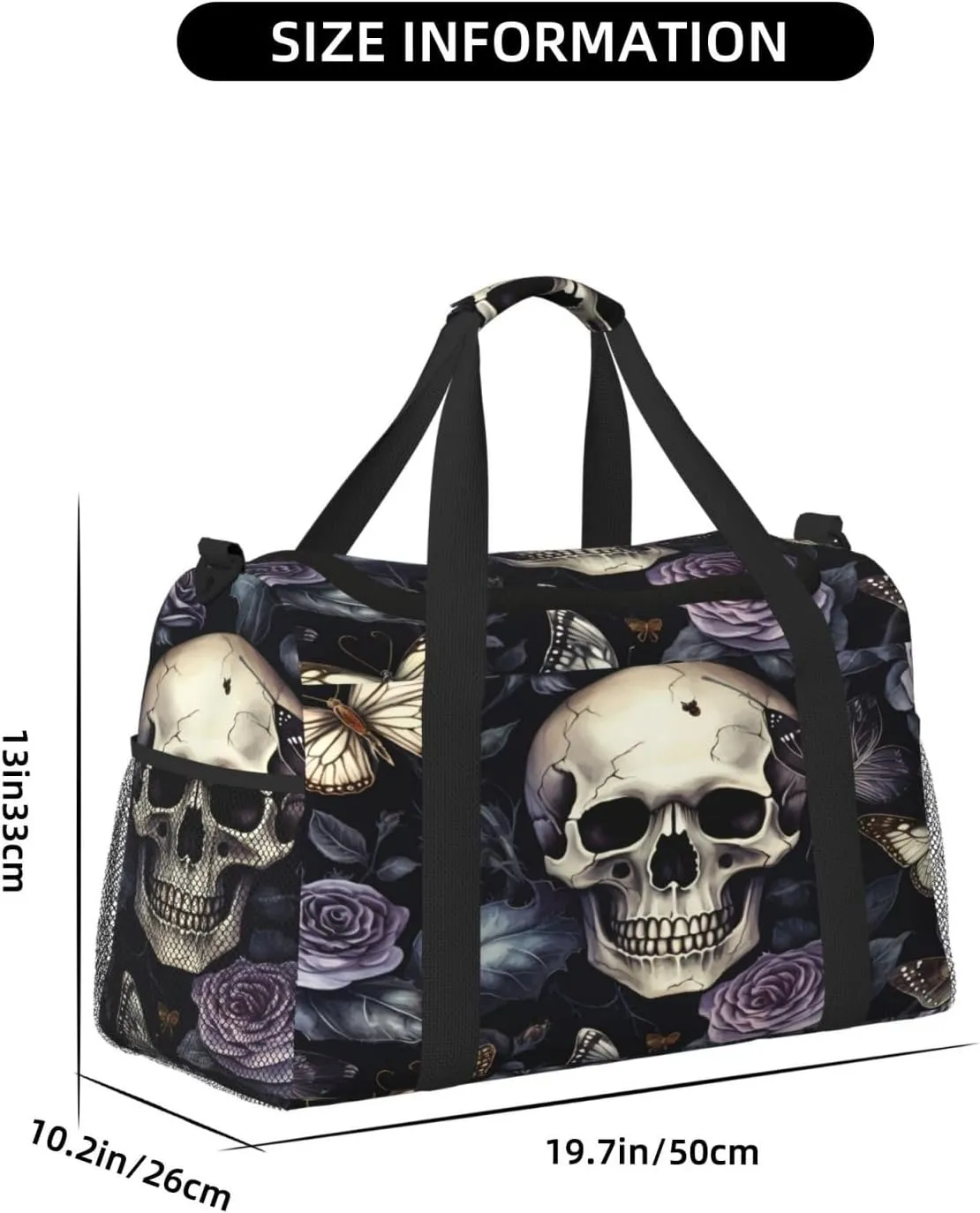 Travel Duffel Bag For Men Women, Gothic Purple Rose Skull Butterfly Carry On Sport Gym Bag With Shoulder Strap Lightweight Waterproof Weekender Bag Overnight Bag