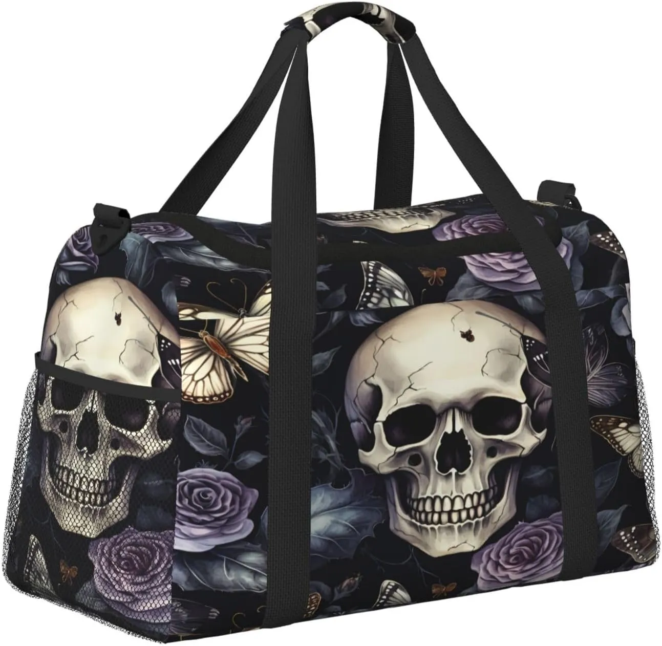 Travel Duffel Bag For Men Women, Gothic Purple Rose Skull Butterfly Carry On Sport Gym Bag With Shoulder Strap Lightweight Waterproof Weekender Bag Overnight Bag