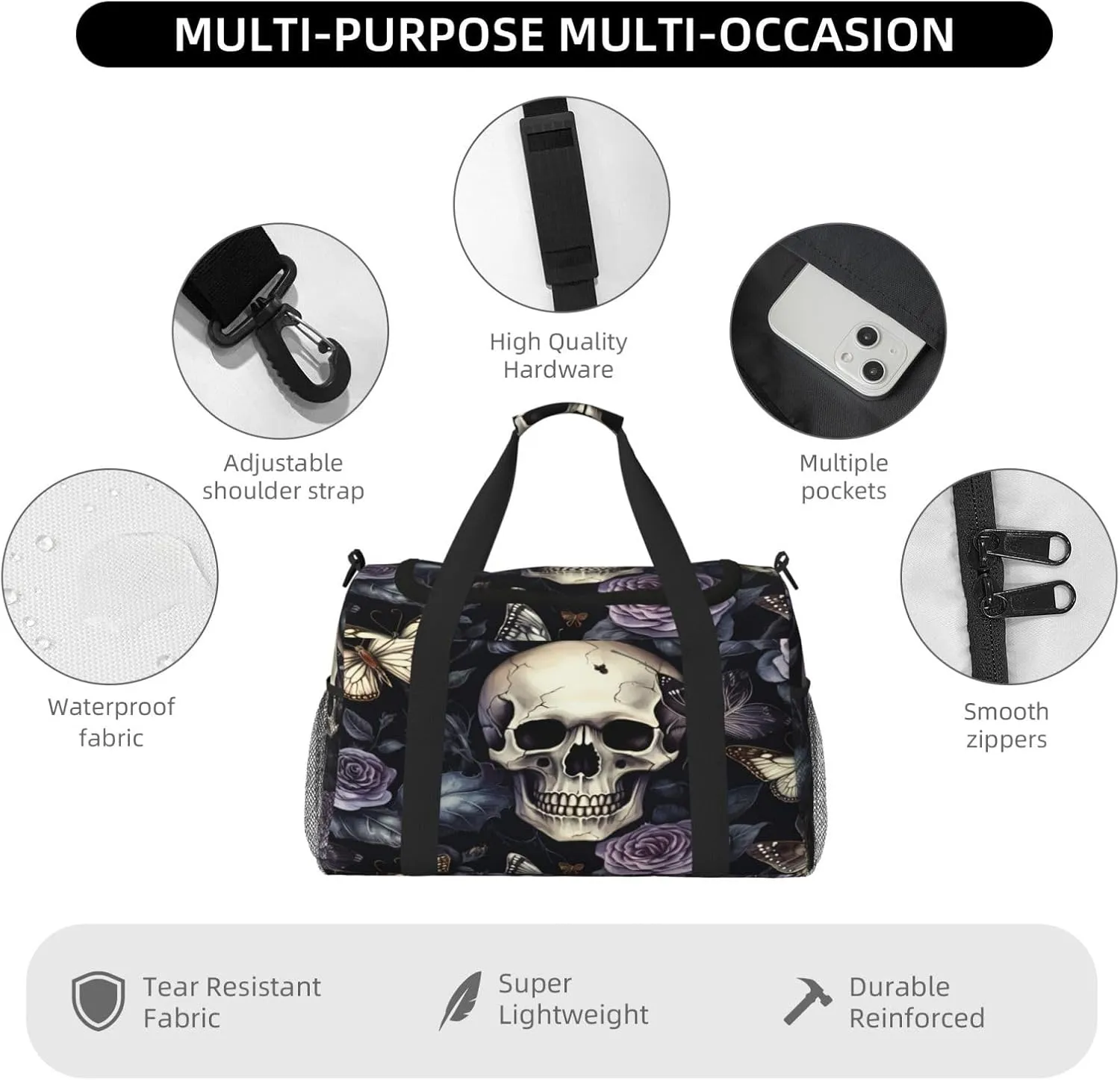 Travel Duffel Bag For Men Women, Gothic Purple Rose Skull Butterfly Carry On Sport Gym Bag With Shoulder Strap Lightweight Waterproof Weekender Bag Overnight Bag