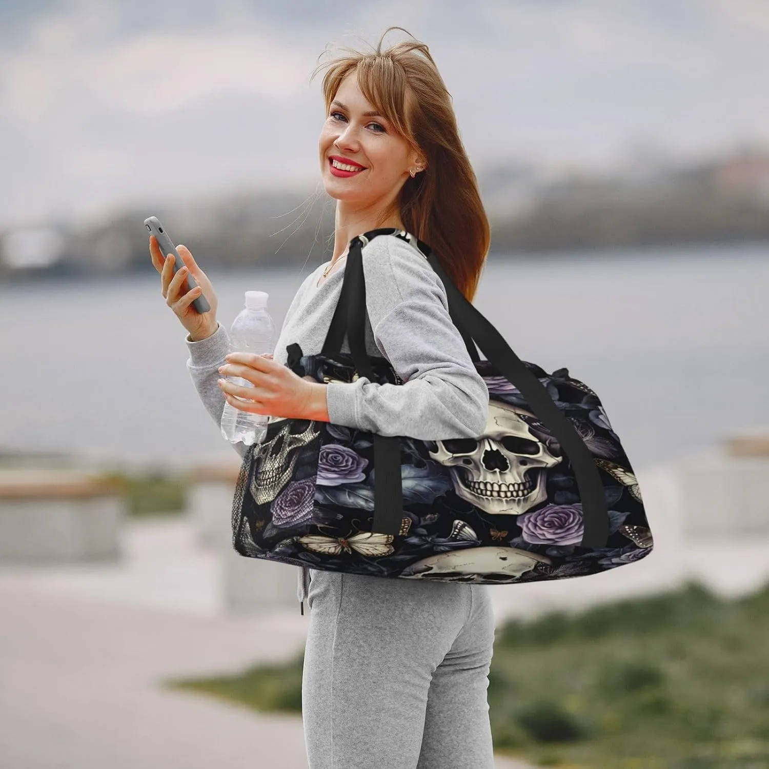 Travel Duffel Bag For Men Women, Gothic Purple Rose Skull Butterfly Carry On Sport Gym Bag With Shoulder Strap Lightweight Waterproof Weekender Bag Overnight Bag