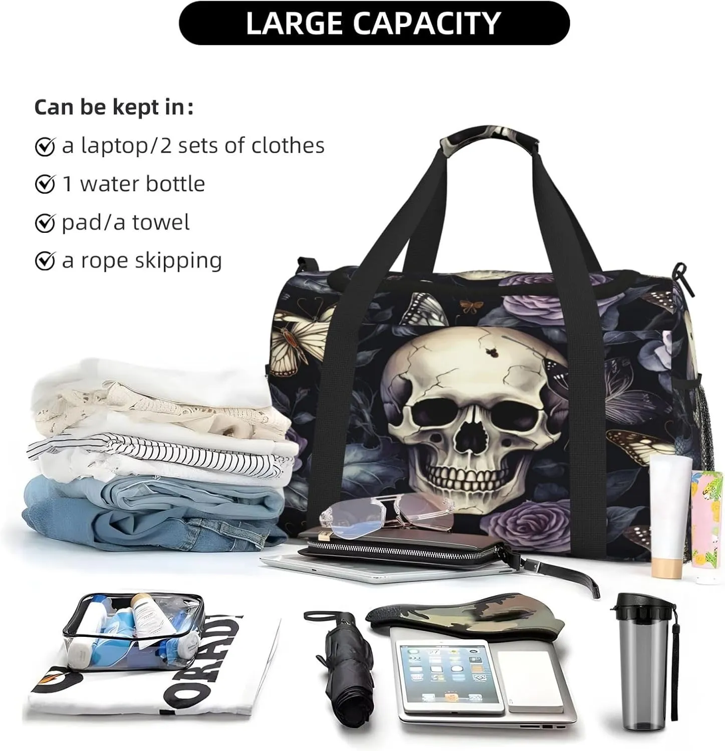 Travel Duffel Bag For Men Women, Gothic Purple Rose Skull Butterfly Carry On Sport Gym Bag With Shoulder Strap Lightweight Waterproof Weekender Bag Overnight Bag