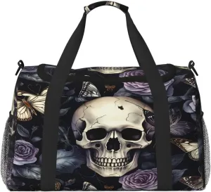 Travel Duffel Bag For Men Women, Gothic Purple Rose Skull Butterfly Carry On Sport Gym Bag With Shoulder Strap Lightweight Waterproof Weekender Bag Overnight Bag