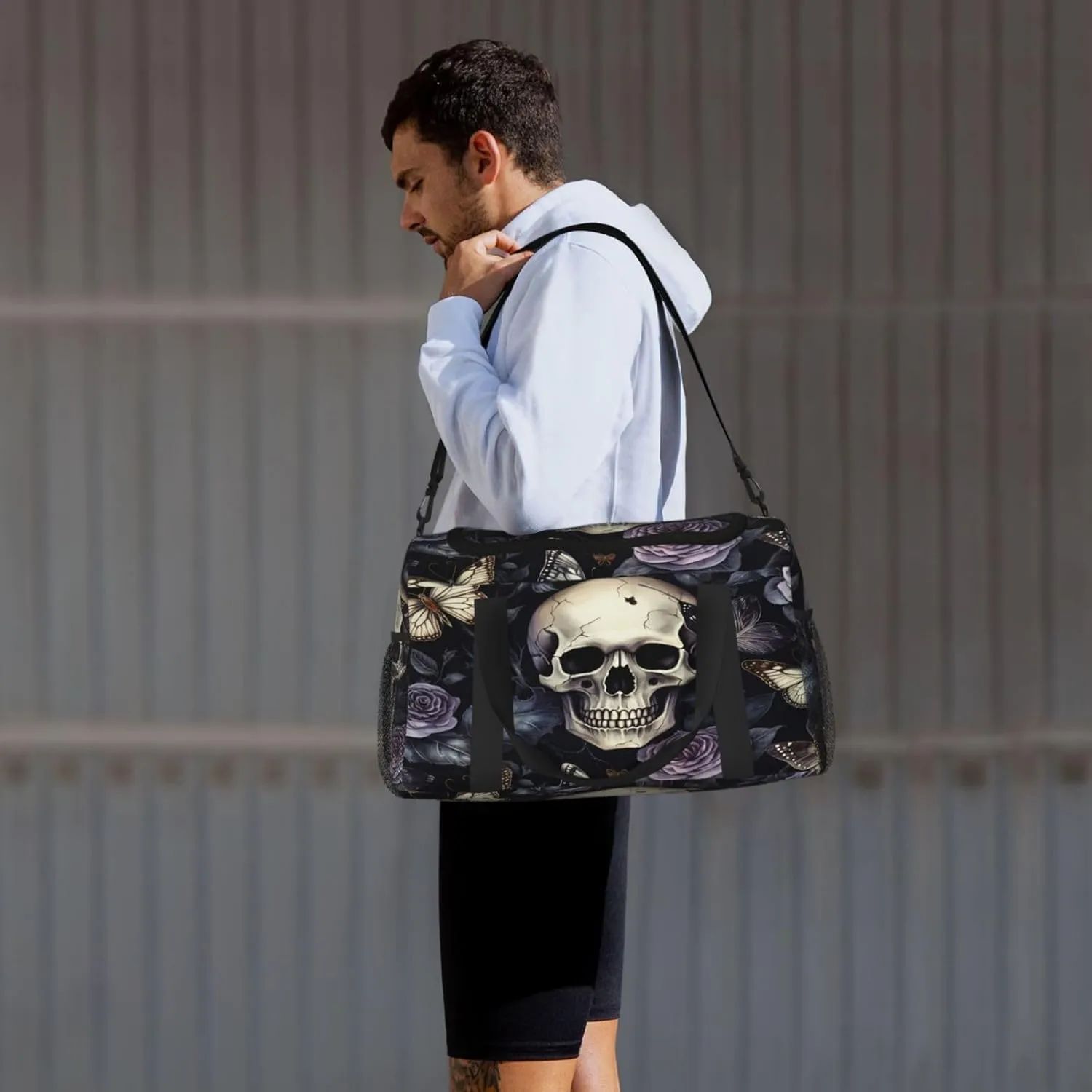 Travel Duffel Bag For Men Women, Gothic Purple Rose Skull Butterfly Carry On Sport Gym Bag With Shoulder Strap Lightweight Waterproof Weekender Bag Overnight Bag
