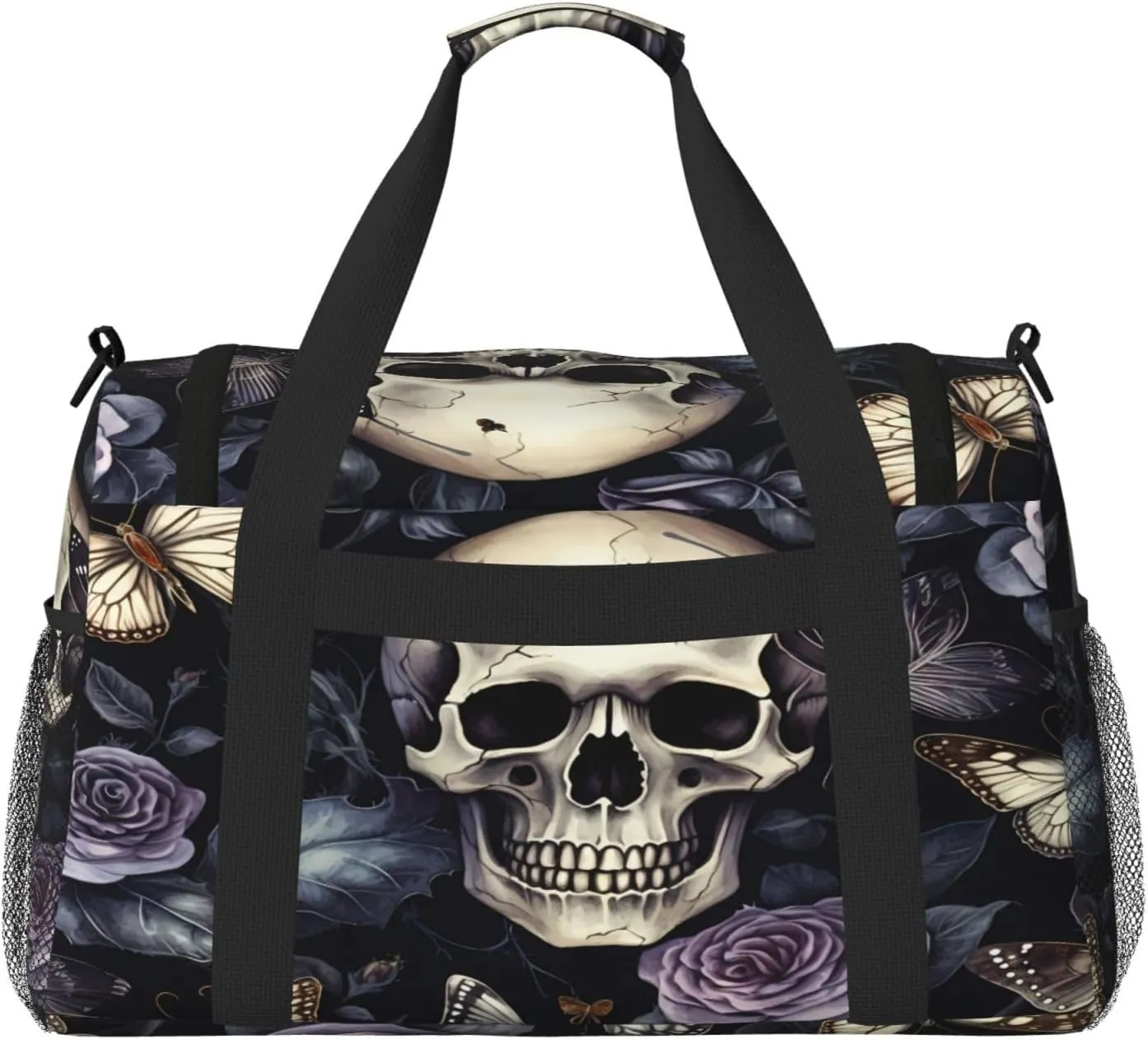 Travel Duffel Bag For Men Women, Gothic Purple Rose Skull Butterfly Carry On Sport Gym Bag With Shoulder Strap Lightweight Waterproof Weekender Bag Overnight Bag