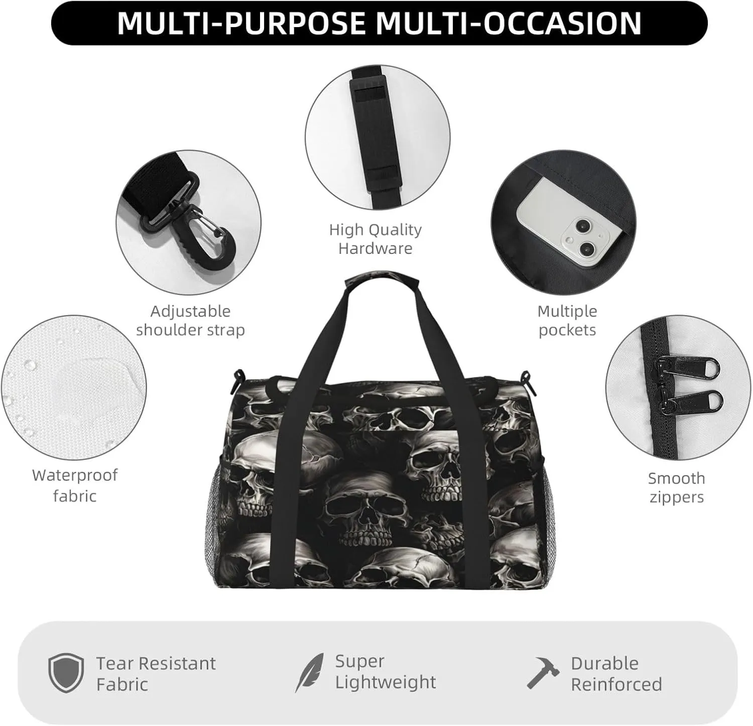 Travel Duffel Bag For Men Women, Halloween Gothic Skull Pattern Carry On Sport Gym Bag With Shoulder Strap Lightweight Waterproof Weekender Bag Overnight Bag