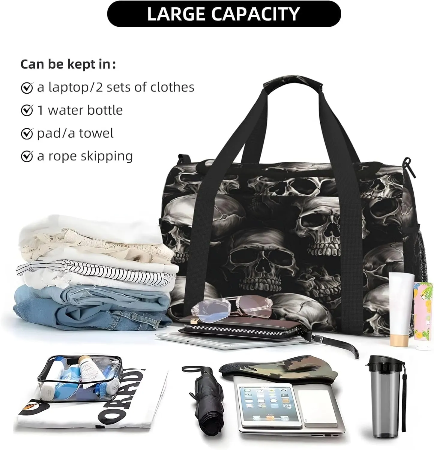 Travel Duffel Bag For Men Women, Halloween Gothic Skull Pattern Carry On Sport Gym Bag With Shoulder Strap Lightweight Waterproof Weekender Bag Overnight Bag