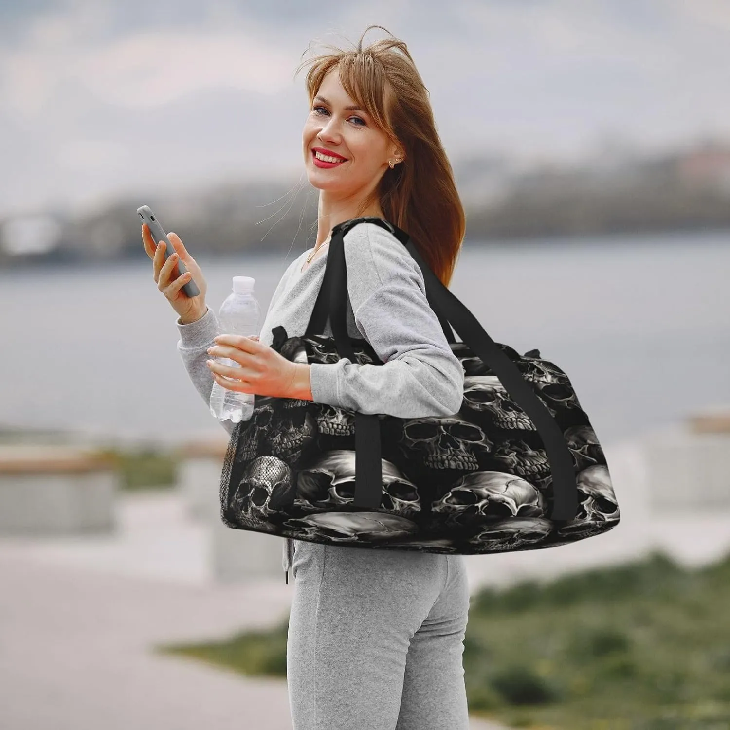 Travel Duffel Bag For Men Women, Halloween Gothic Skull Pattern Carry On Sport Gym Bag With Shoulder Strap Lightweight Waterproof Weekender Bag Overnight Bag