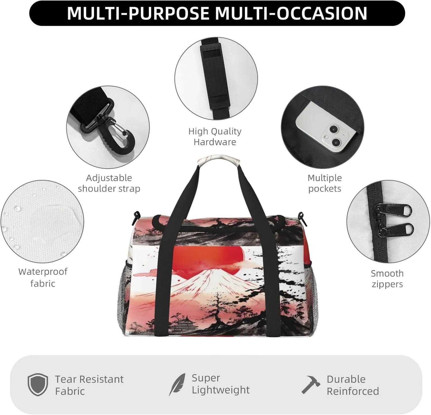 Travel Duffel Bag For Men Women, Japan Traditional Sun Fuji Mountain Art Painting Carry On Sport Gym Bag With Shoulder Strap Lightweight Waterproof Weekender Bag Overnight Bag