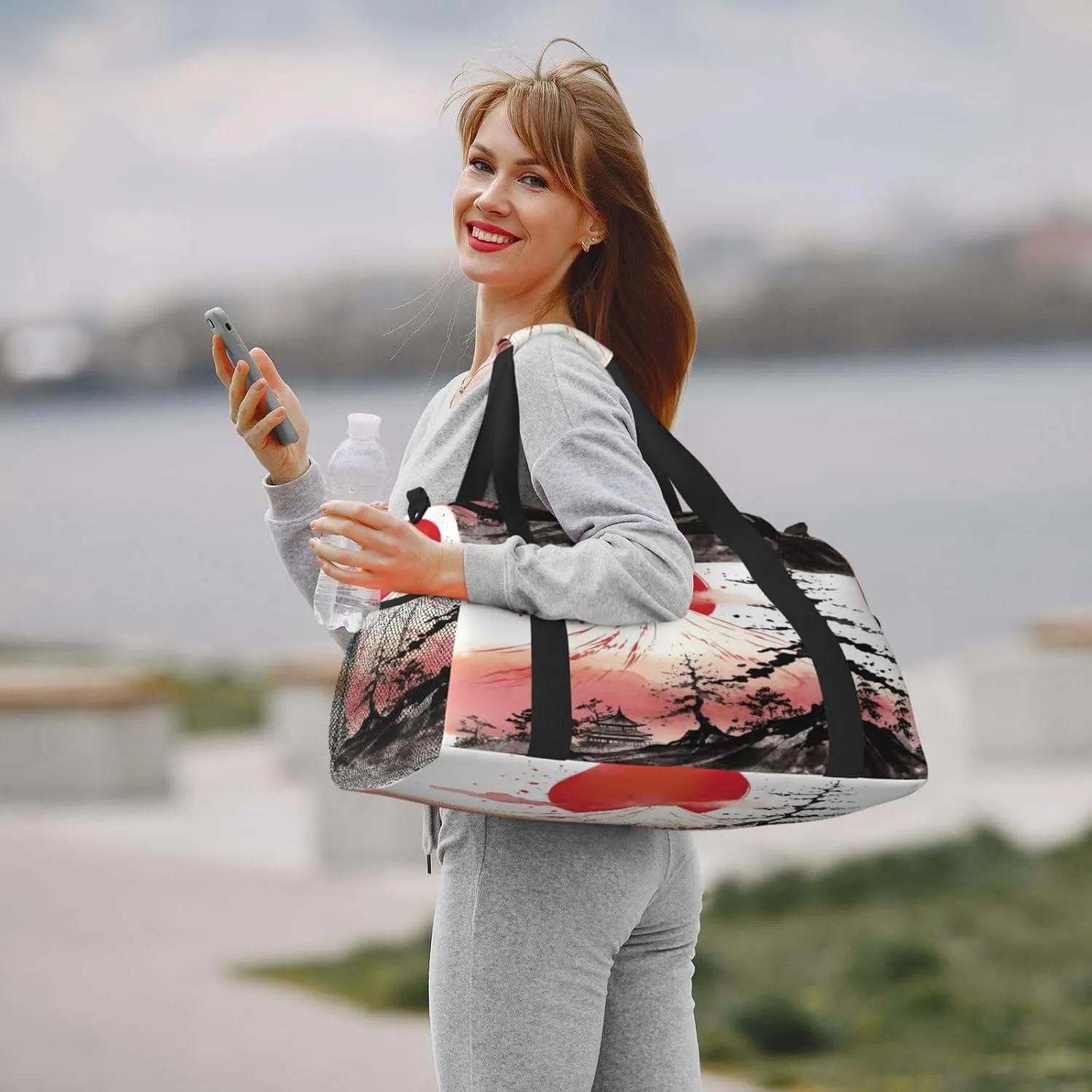 Travel Duffel Bag For Men Women, Japan Traditional Sun Fuji Mountain Art Painting Carry On Sport Gym Bag With Shoulder Strap Lightweight Waterproof Weekender Bag Overnight Bag