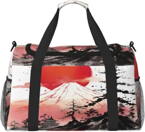 Travel Duffel Bag For Men Women, Japan Traditional Sun Fuji Mountain Art Painting Carry On Sport Gym Bag With Shoulder Strap Lightweight Waterproof Weekender Bag Overnight Bag